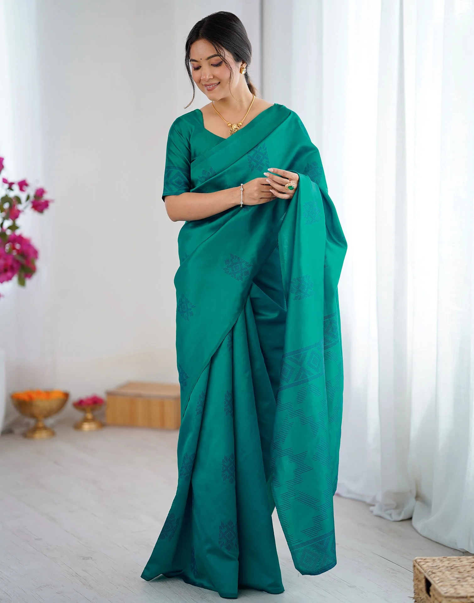 Teal Green Silk Woven Saree - Image 9
