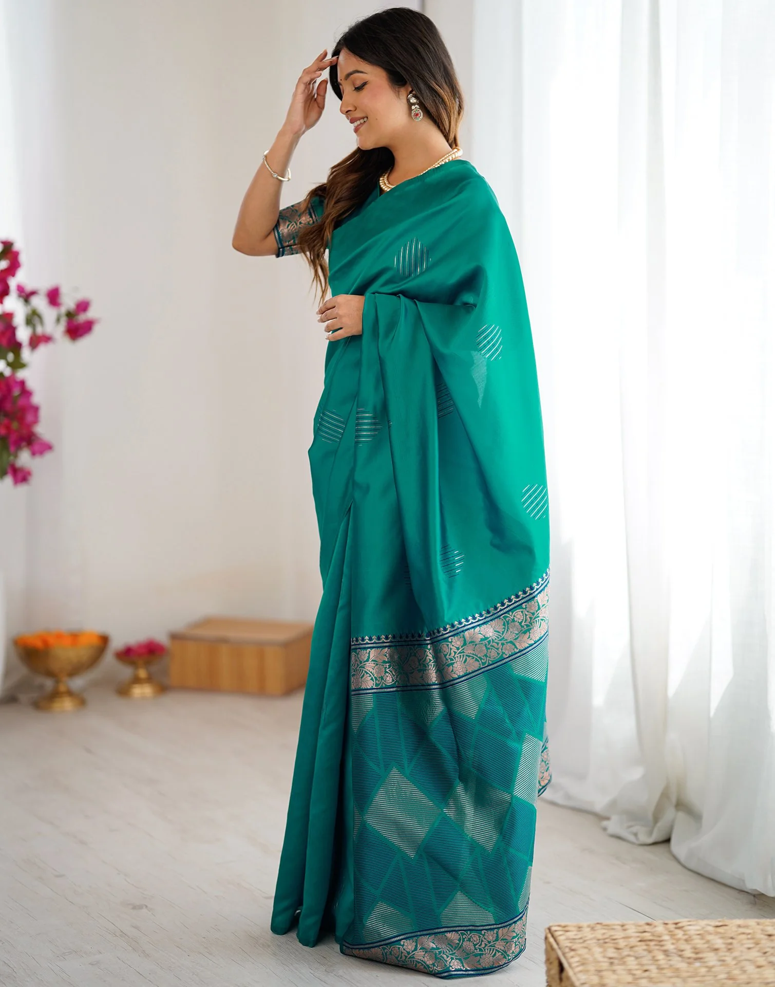 Teal Green Silk Woven Saree - Image 5