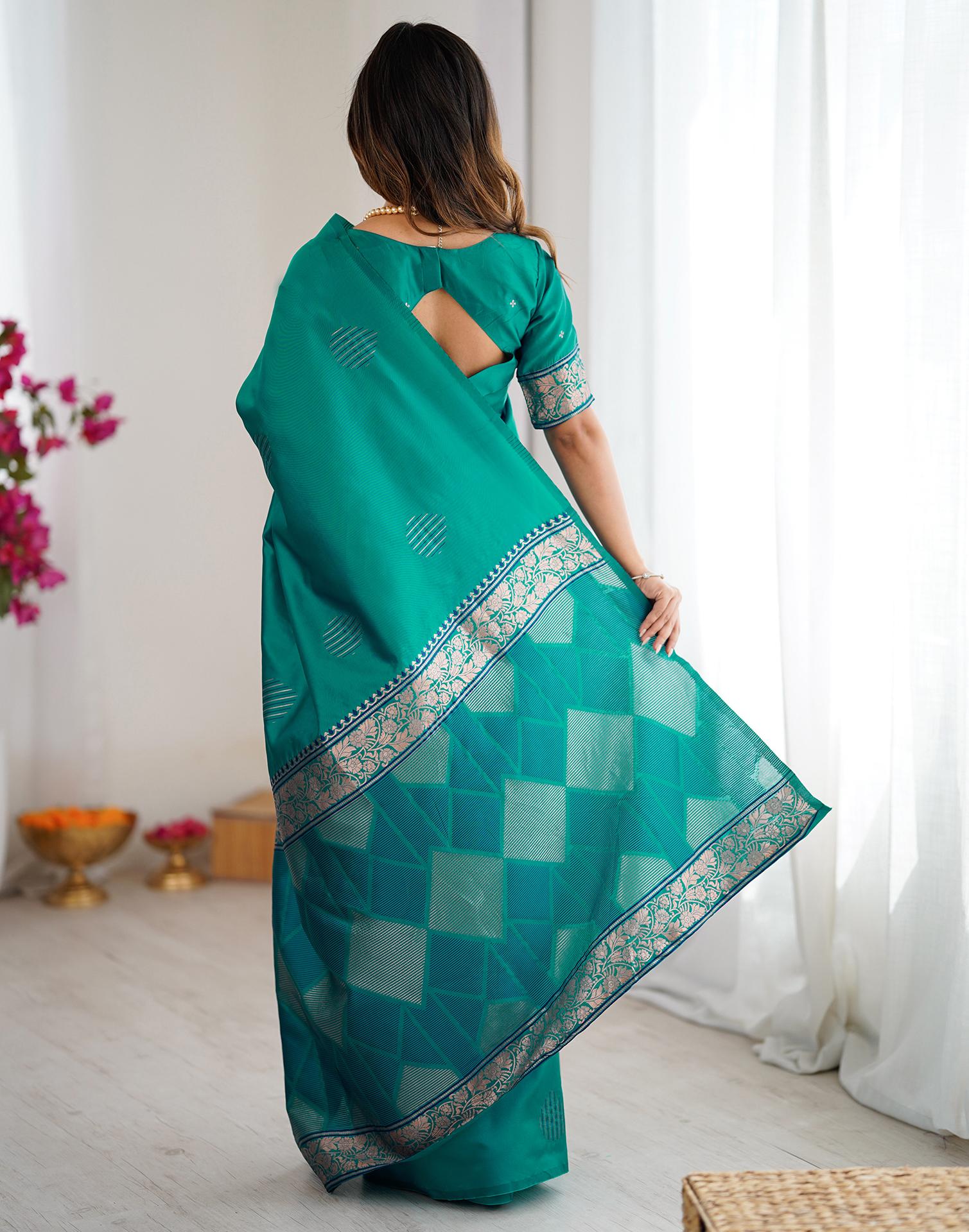 Teal Green Silk Woven Saree - Image 7