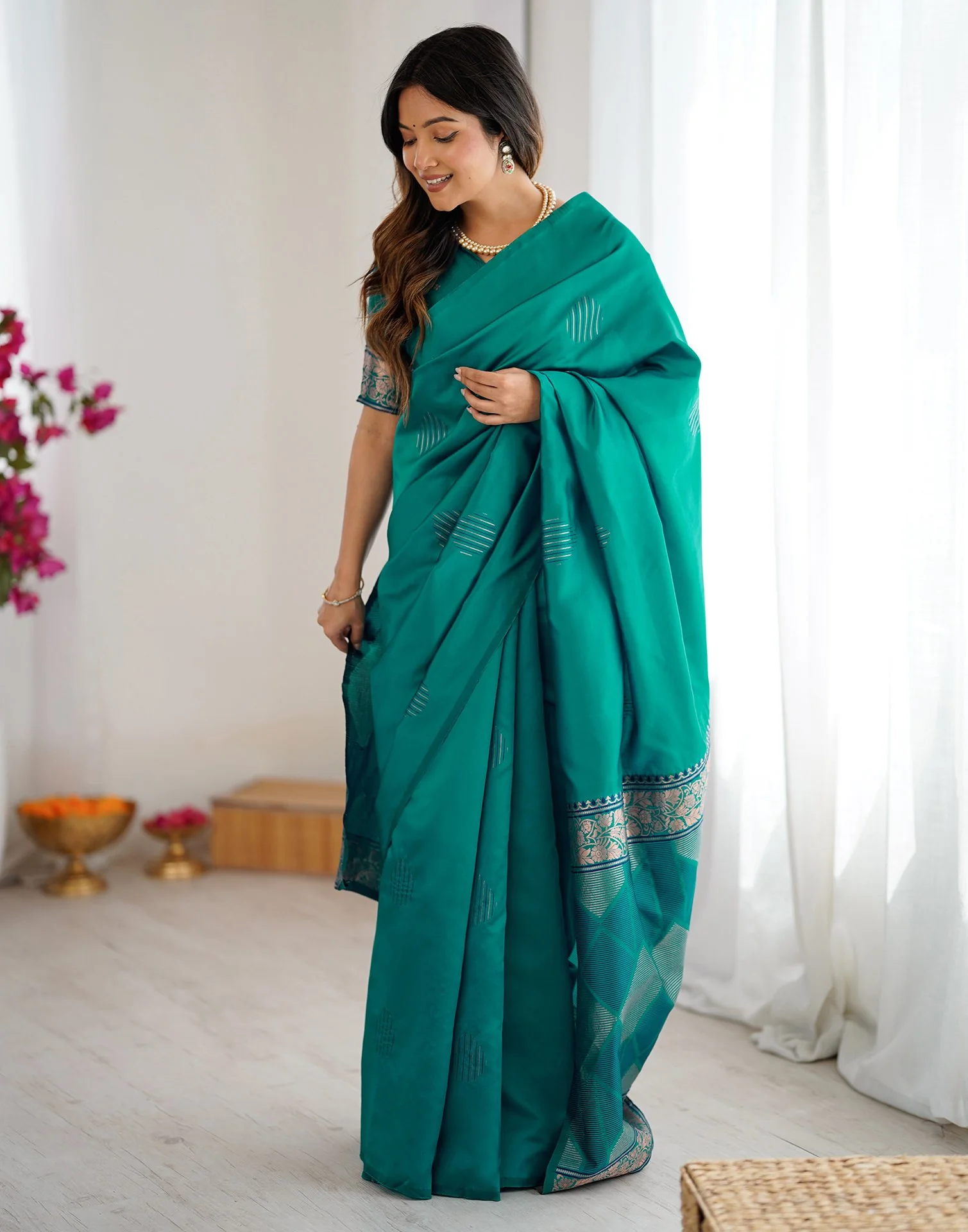 Teal Green Silk Woven Saree - Image 8
