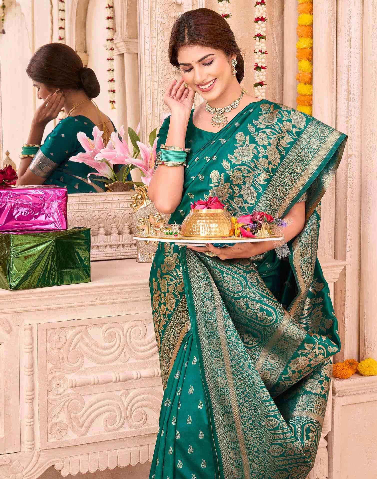 Teal Green Silk Woven Saree - Image 2