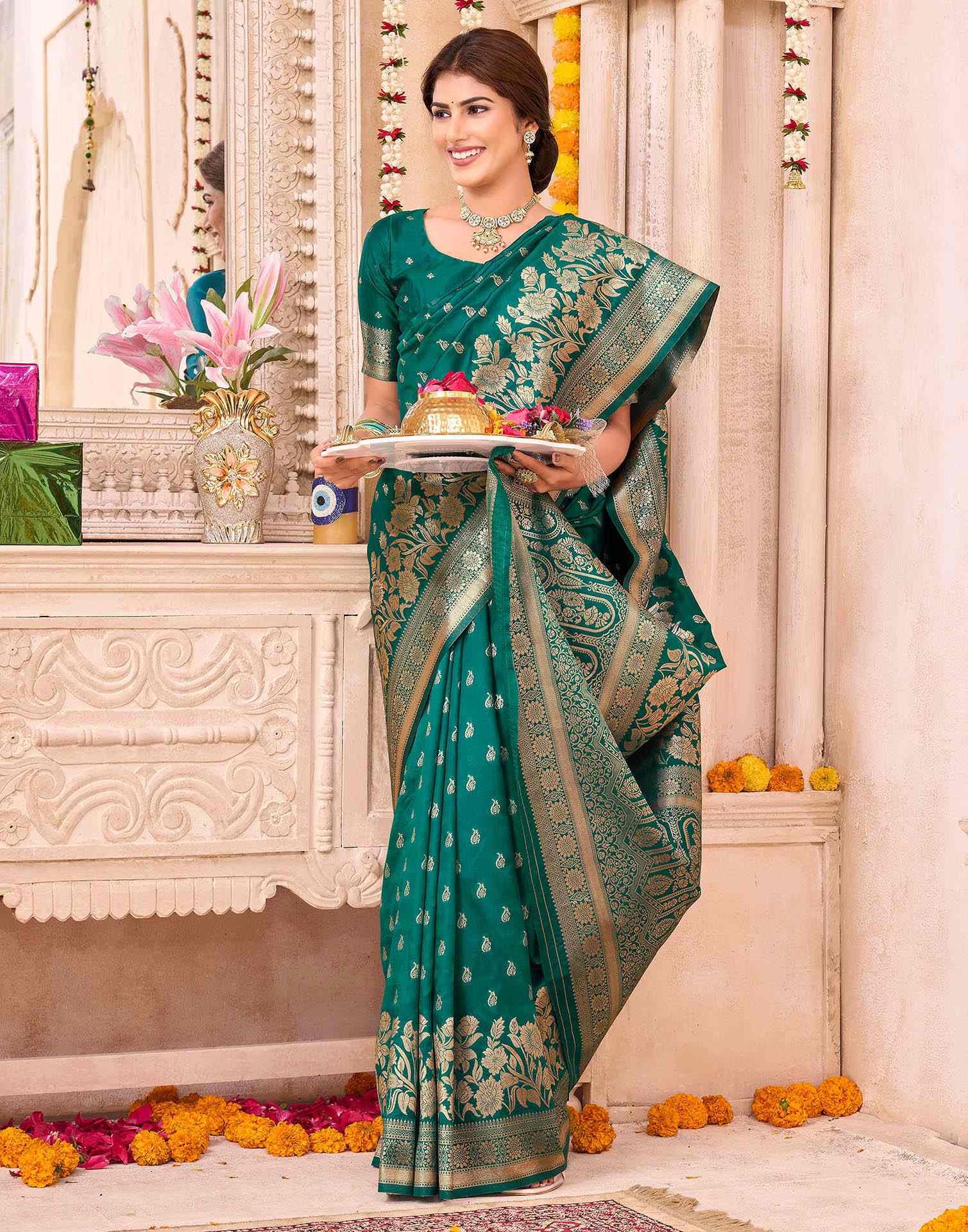 Teal Green Silk Woven Saree - Image 4