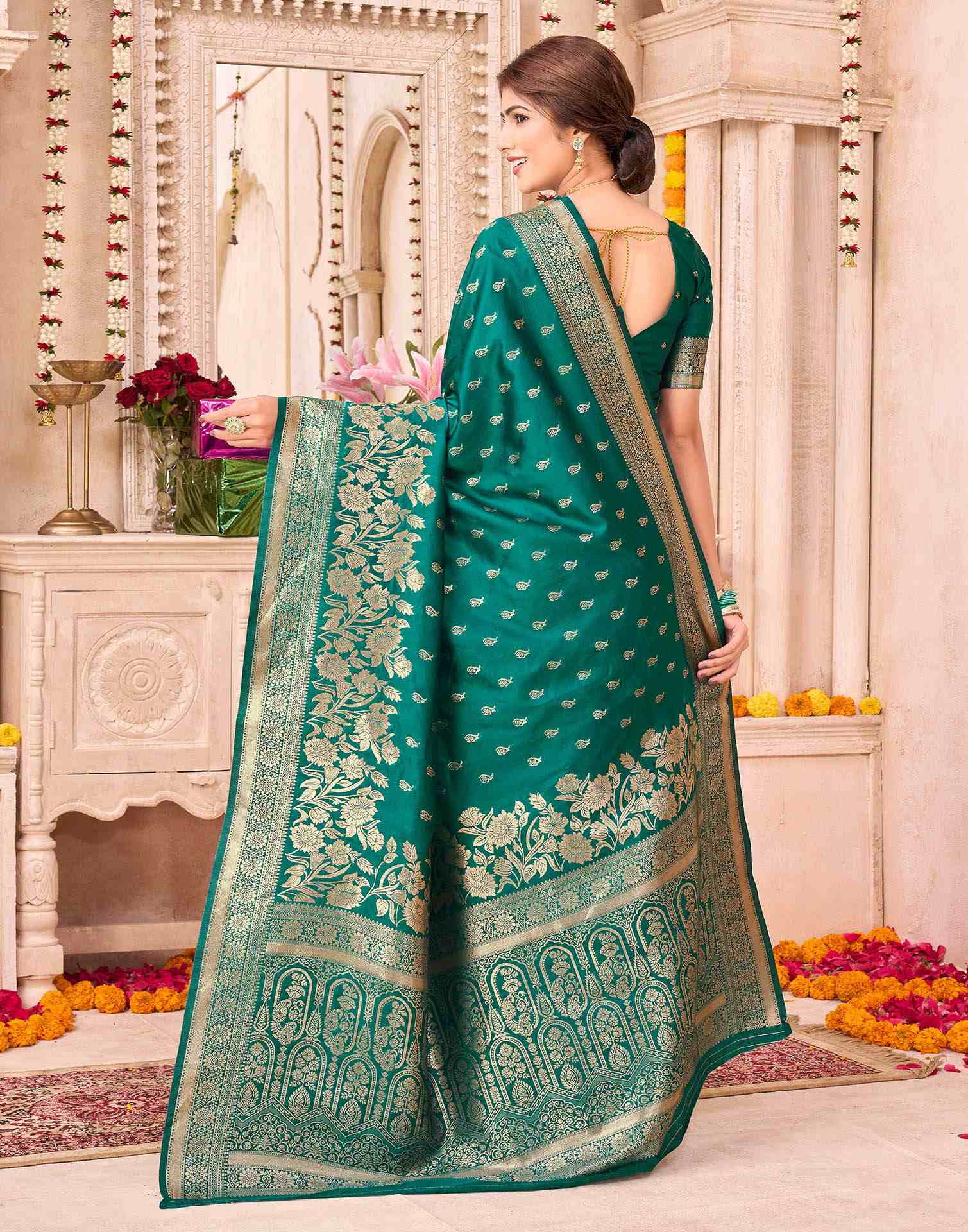 Teal Green Silk Woven Saree - Image 5
