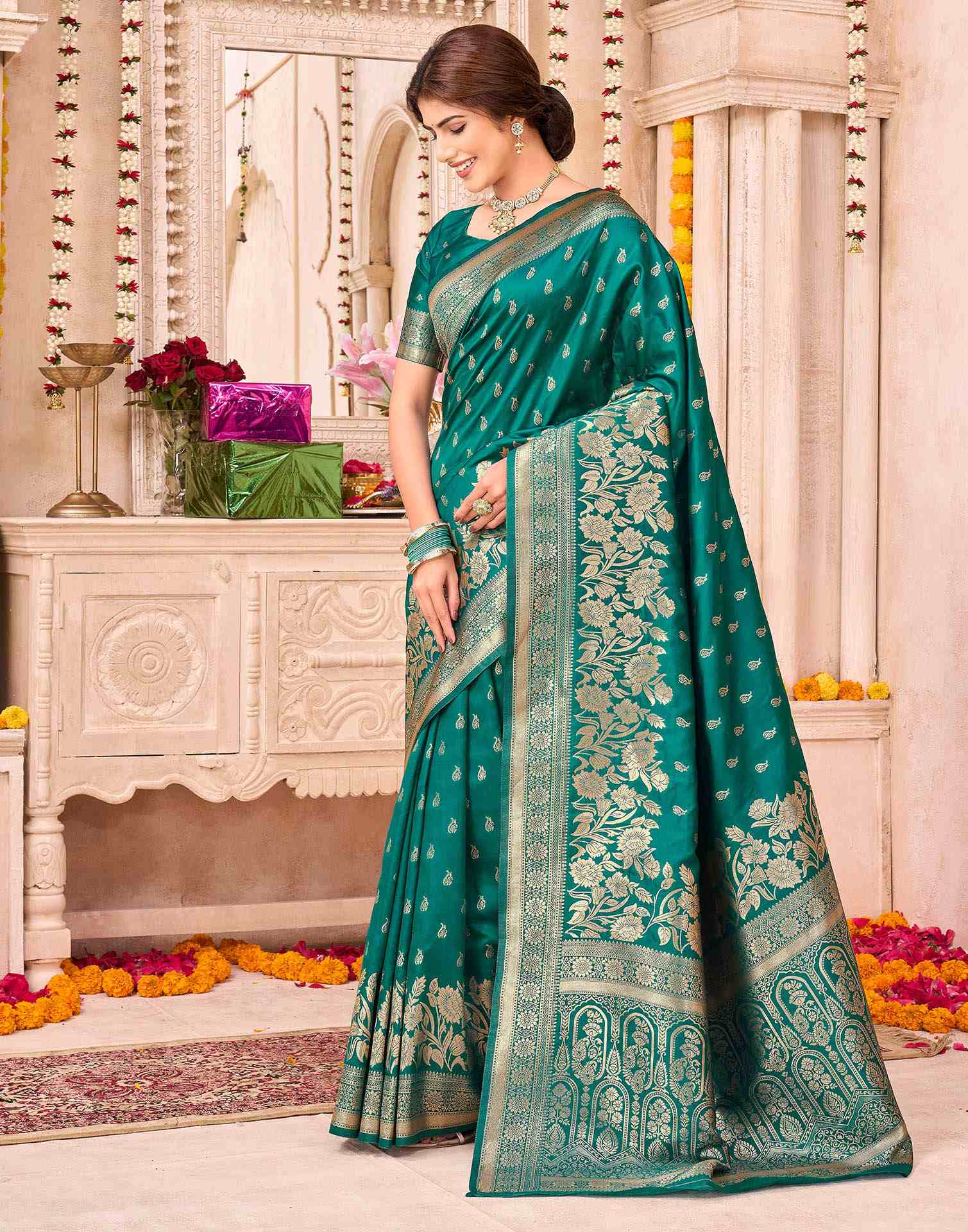 Teal Green Silk Woven Saree - Image 6