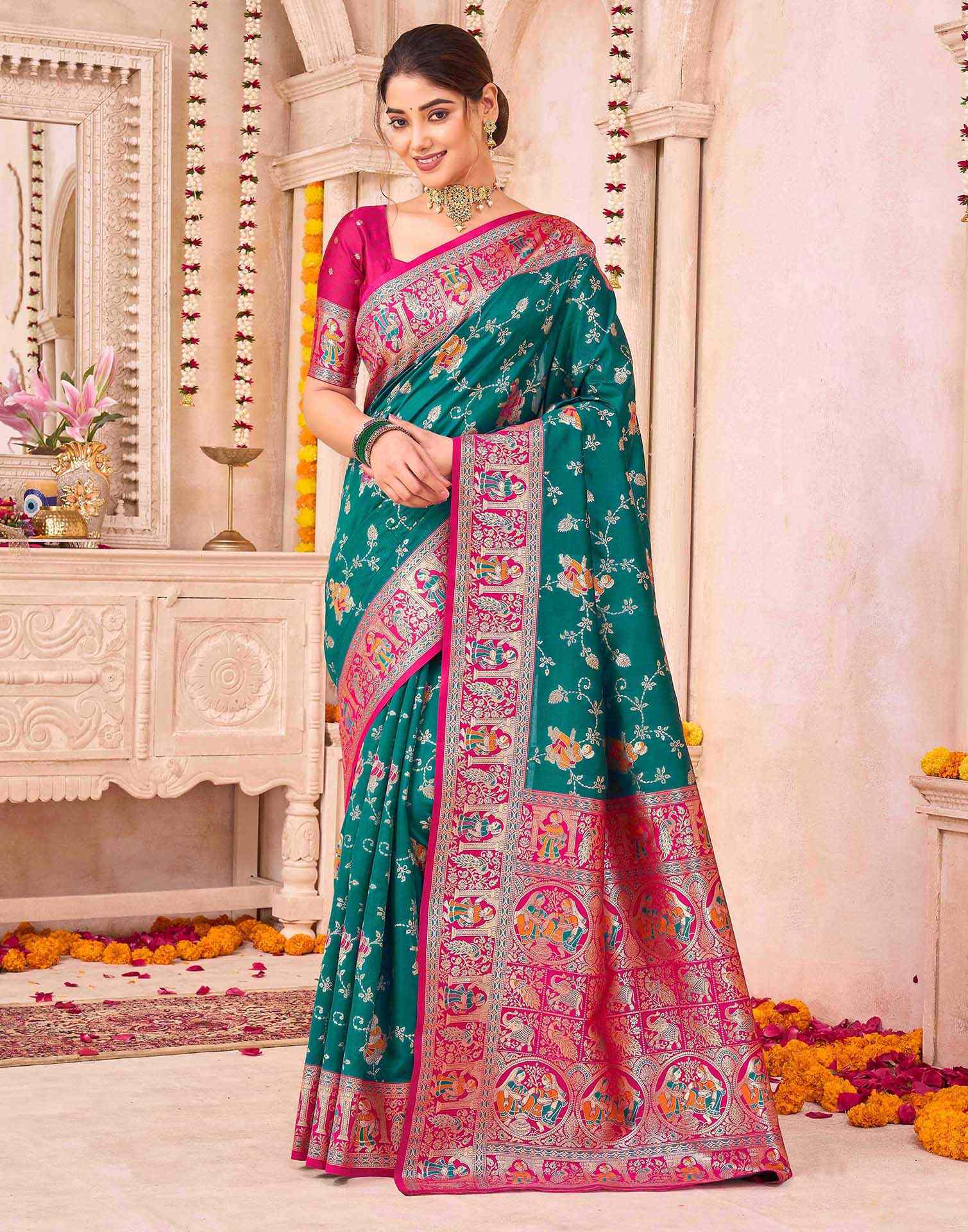 Teal Green Silk Woven Saree - Image 2