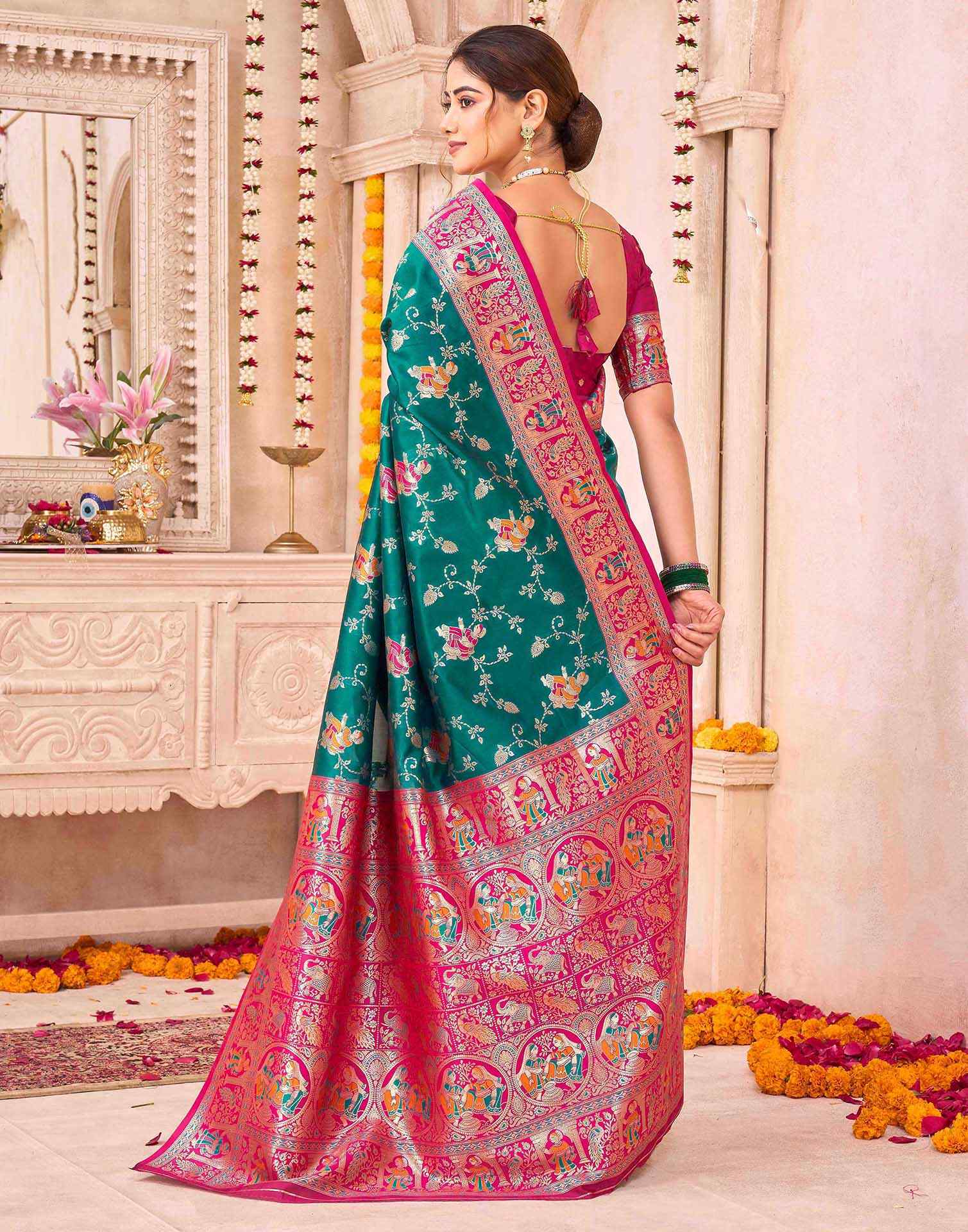 Teal Green Silk Woven Saree - Image 4