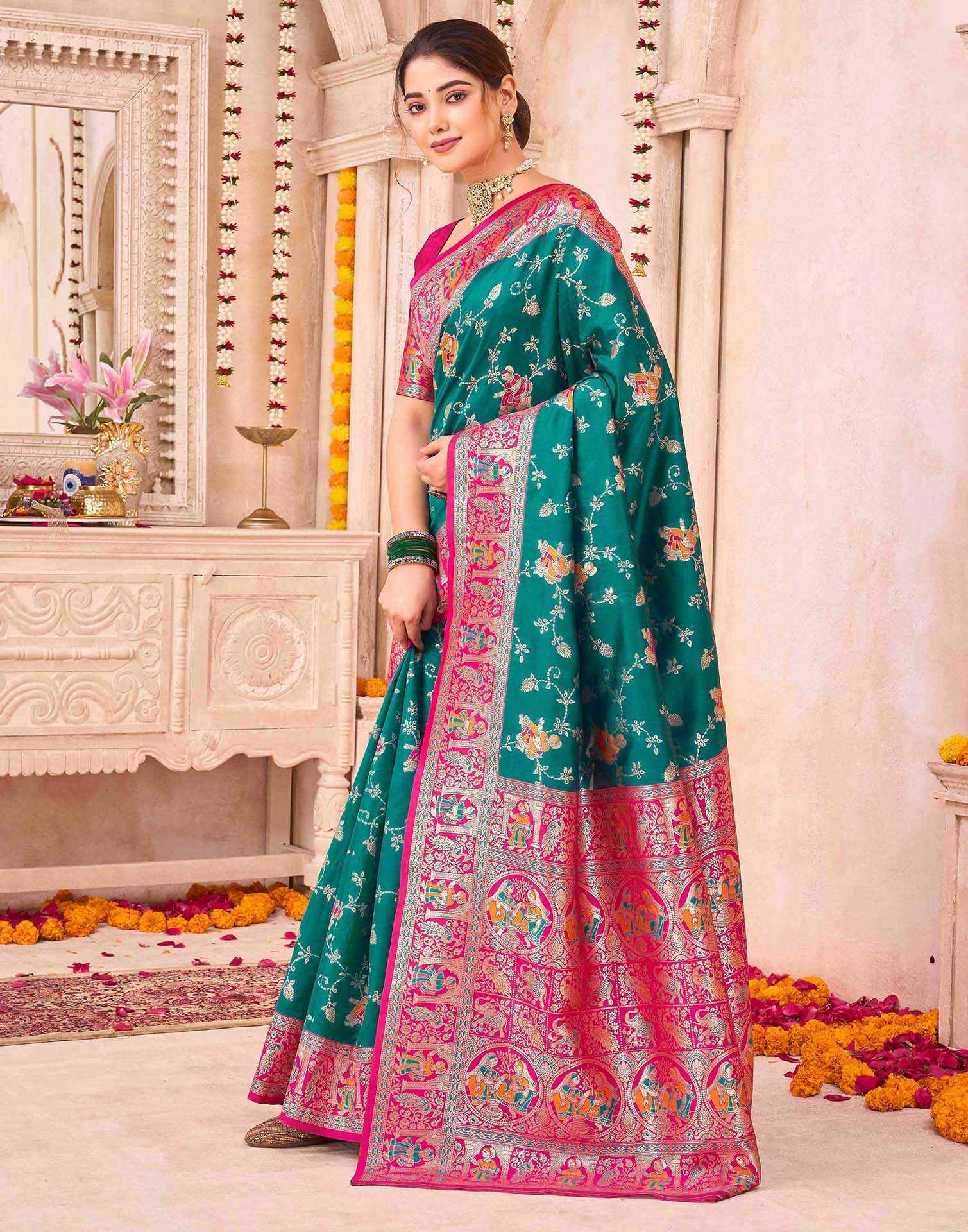Teal Green Silk Woven Saree - Image 6