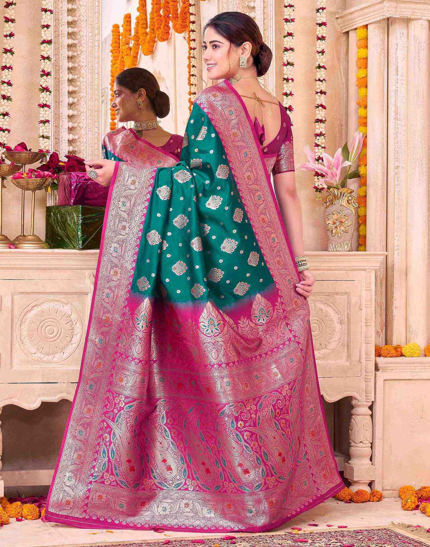 Teal Green Silk Woven Saree - Image 4