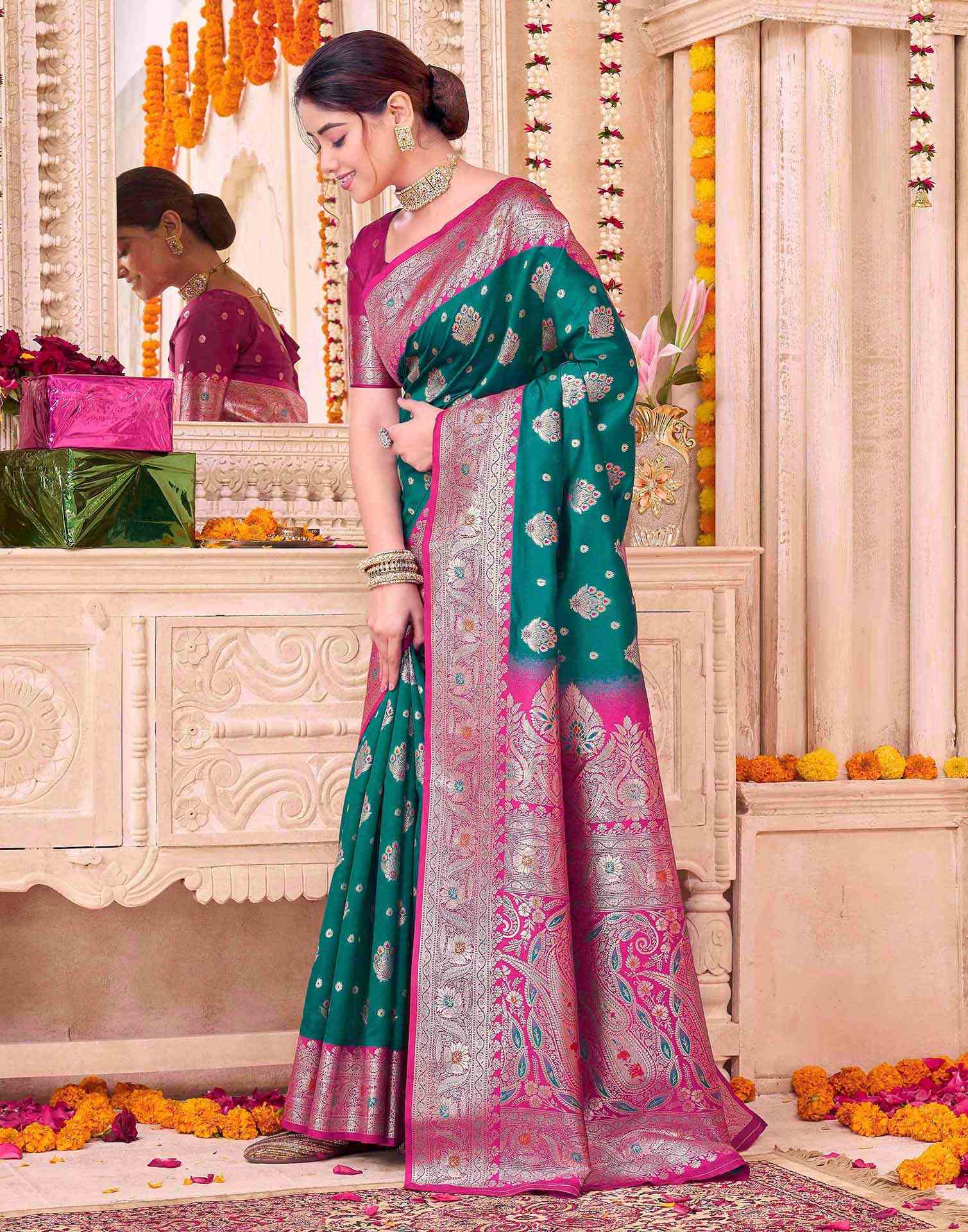 Teal Green Silk Woven Saree - Image 5