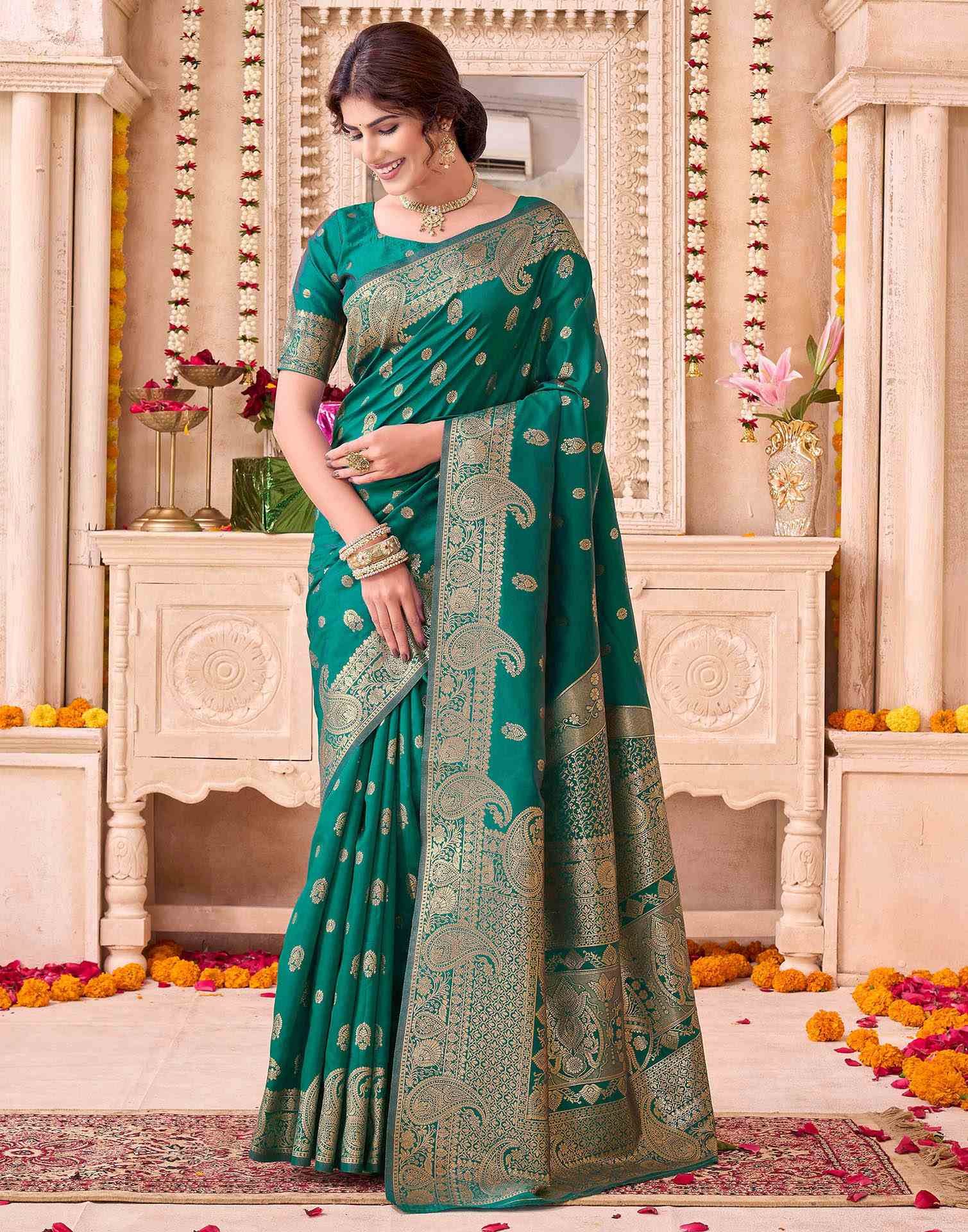 Teal Green Silk Woven Saree - Image 2
