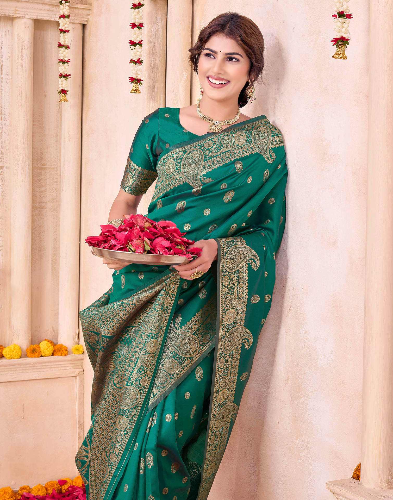 Teal Green Silk Woven Saree - Image 4