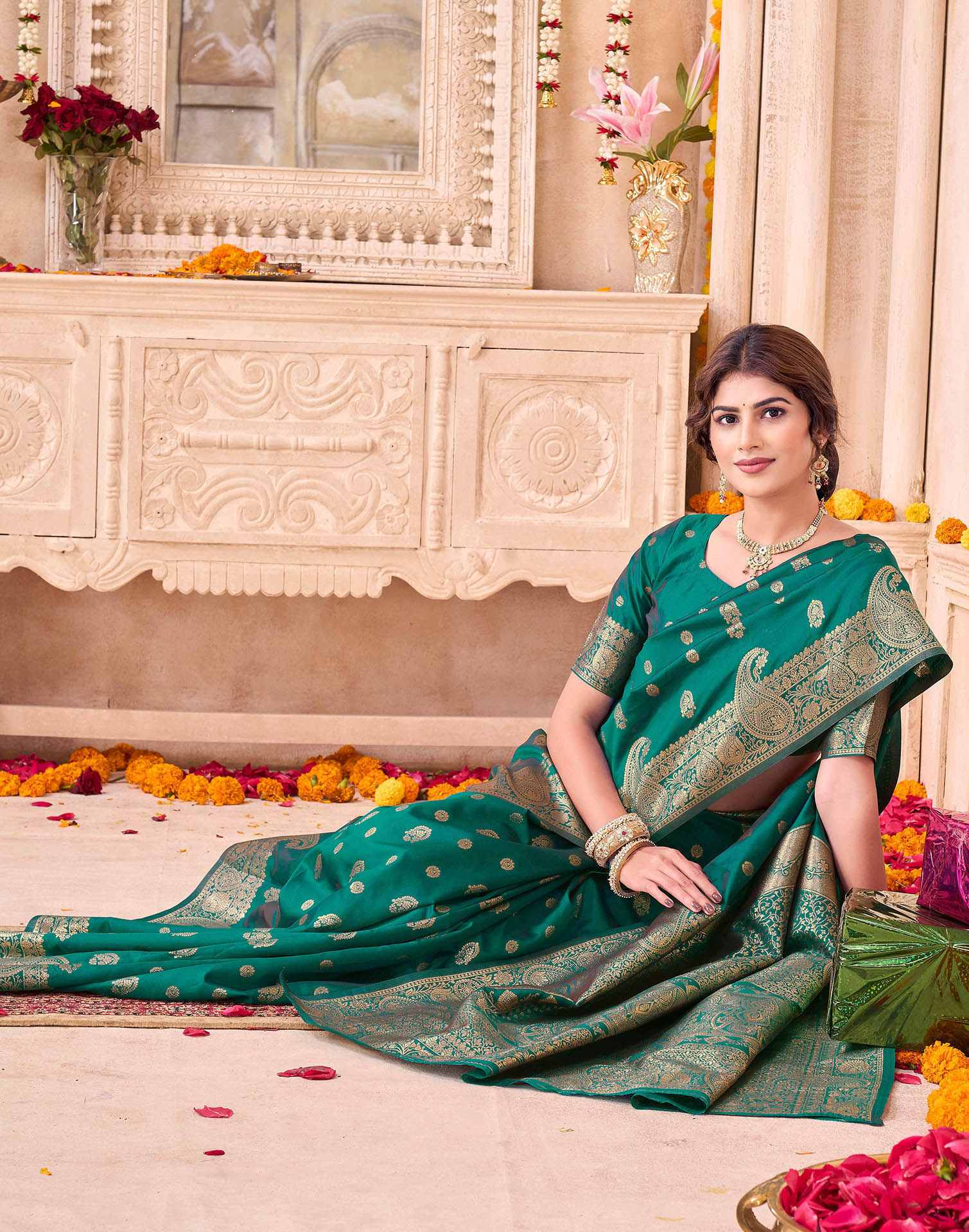 Teal Green Silk Woven Saree - Image 5