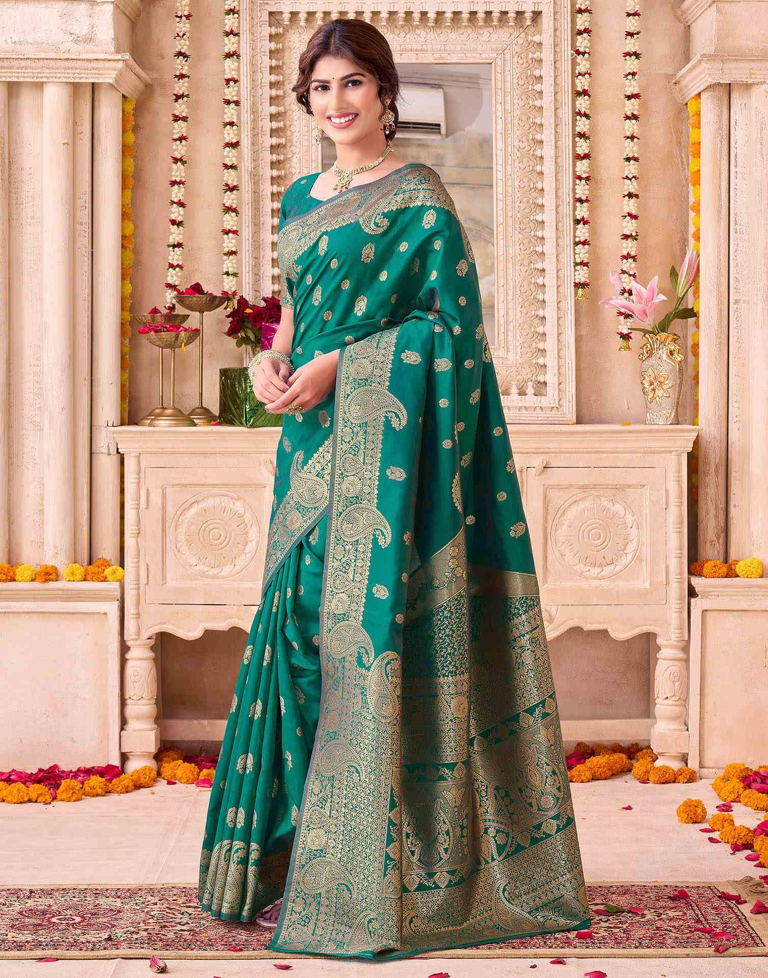 Teal Green Silk Woven Saree - Image 8