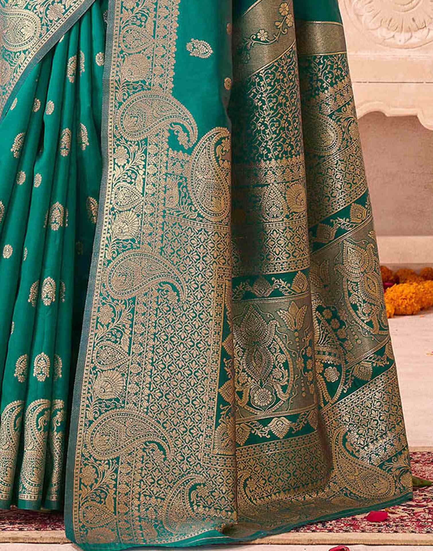 Teal Green Silk Woven Saree - Image 9