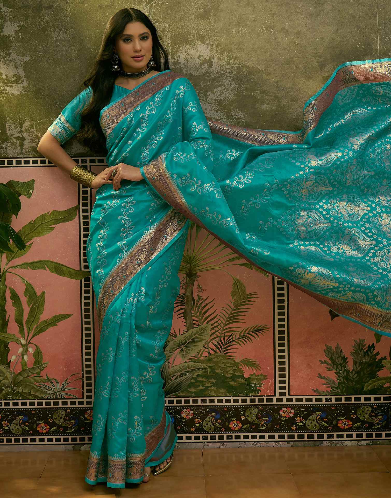 Teal Green Silk Woven Saree - Image 6