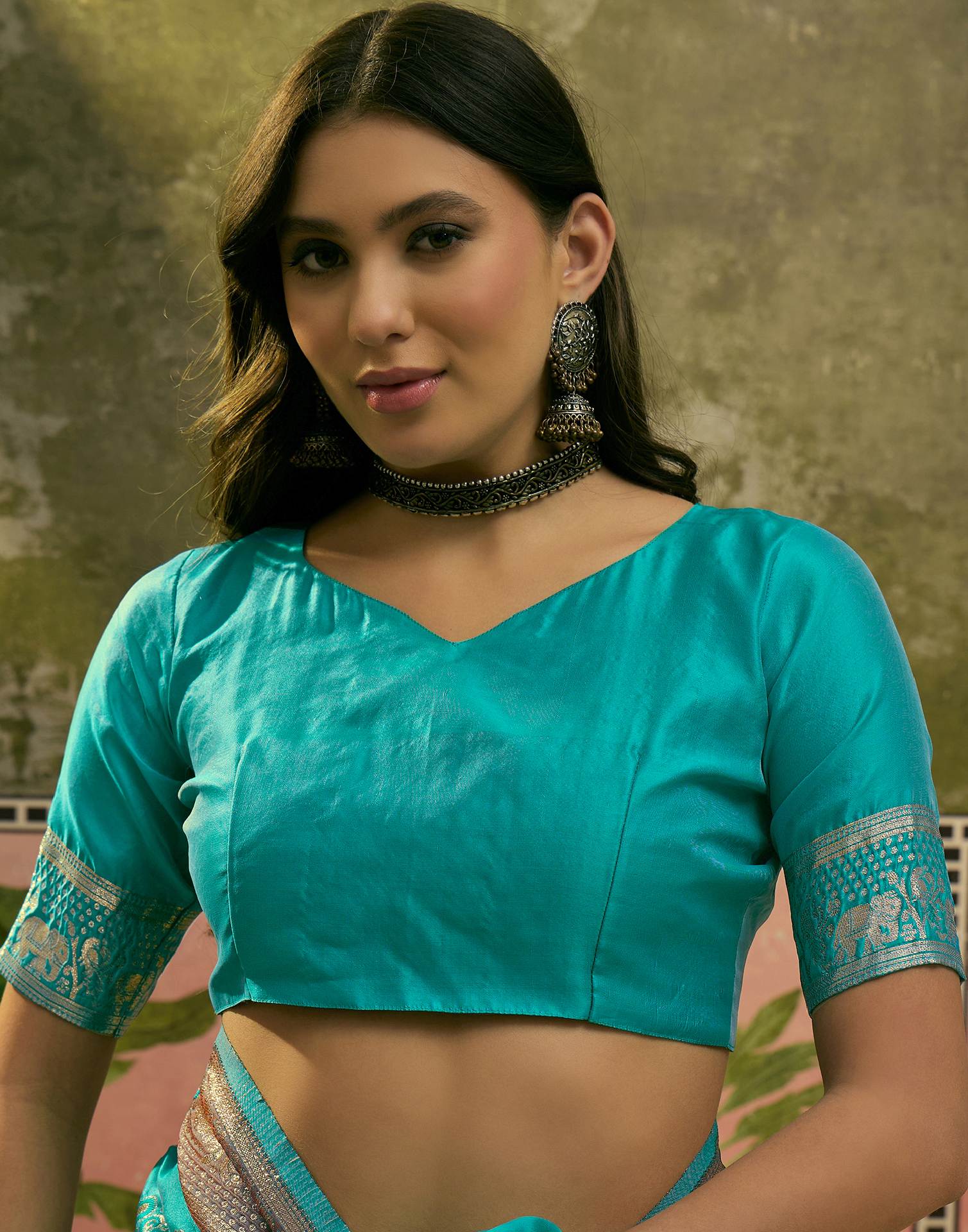 Teal Green Silk Woven Saree - Image 8