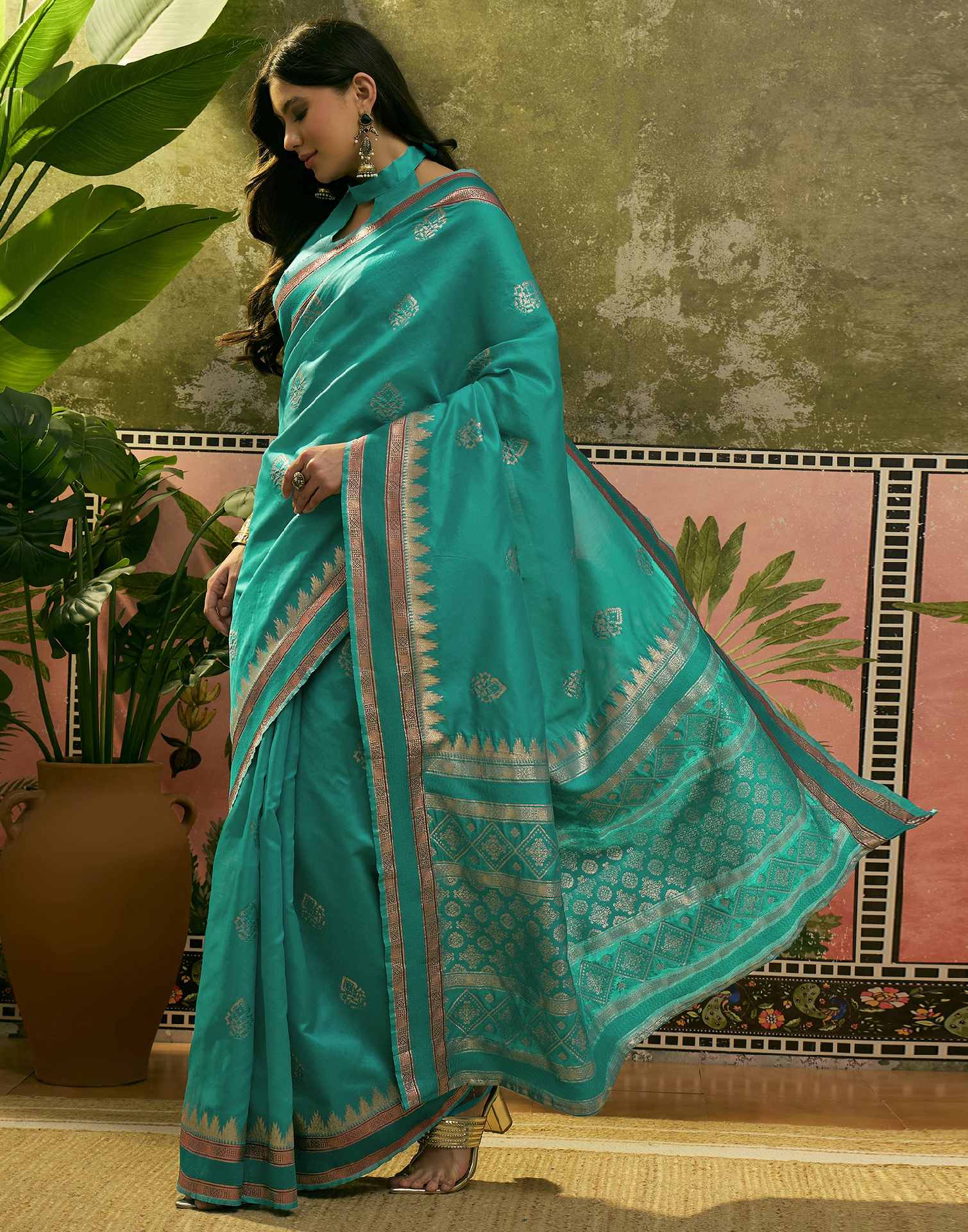 Teal Green Silk Woven Saree - Image 4