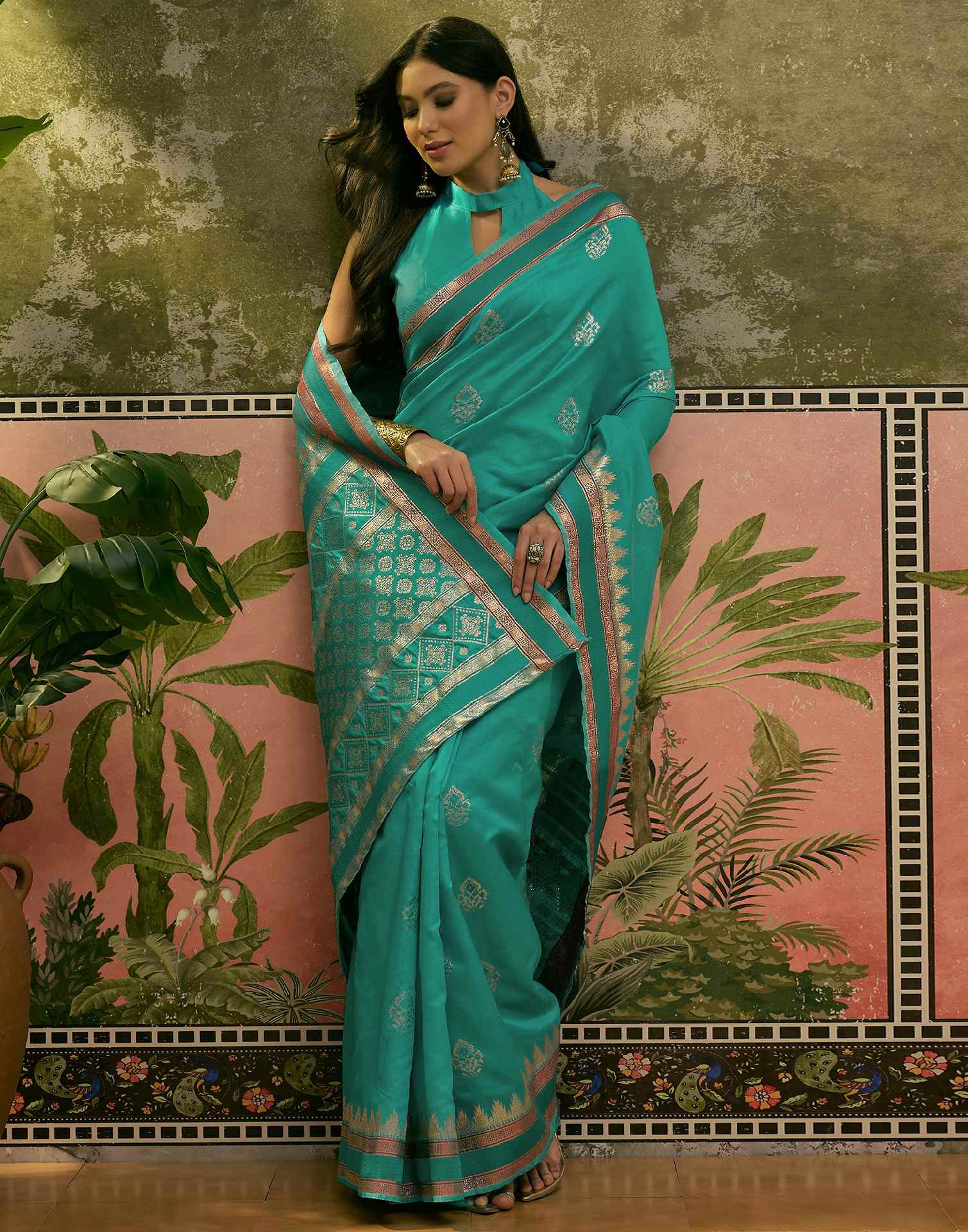 Teal Green Silk Woven Saree - Image 5