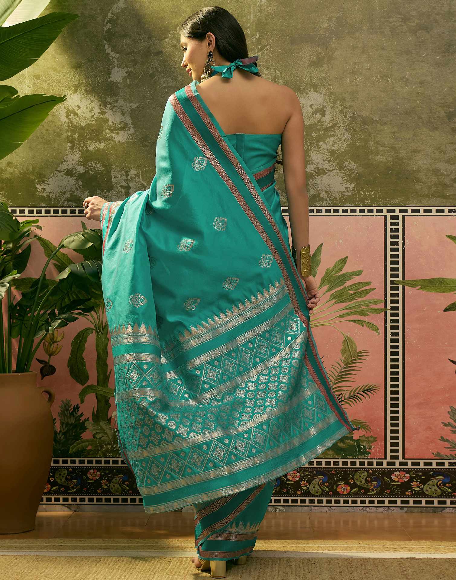 Teal Green Silk Woven Saree - Image 6
