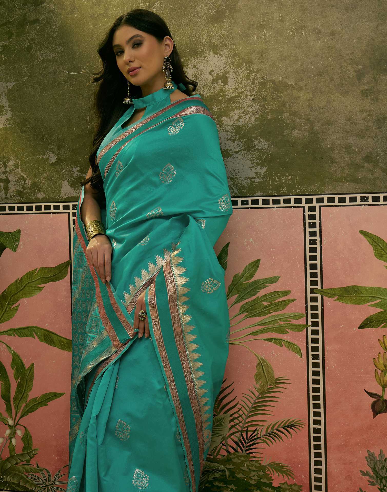 Teal Green Silk Woven Saree - Image 7