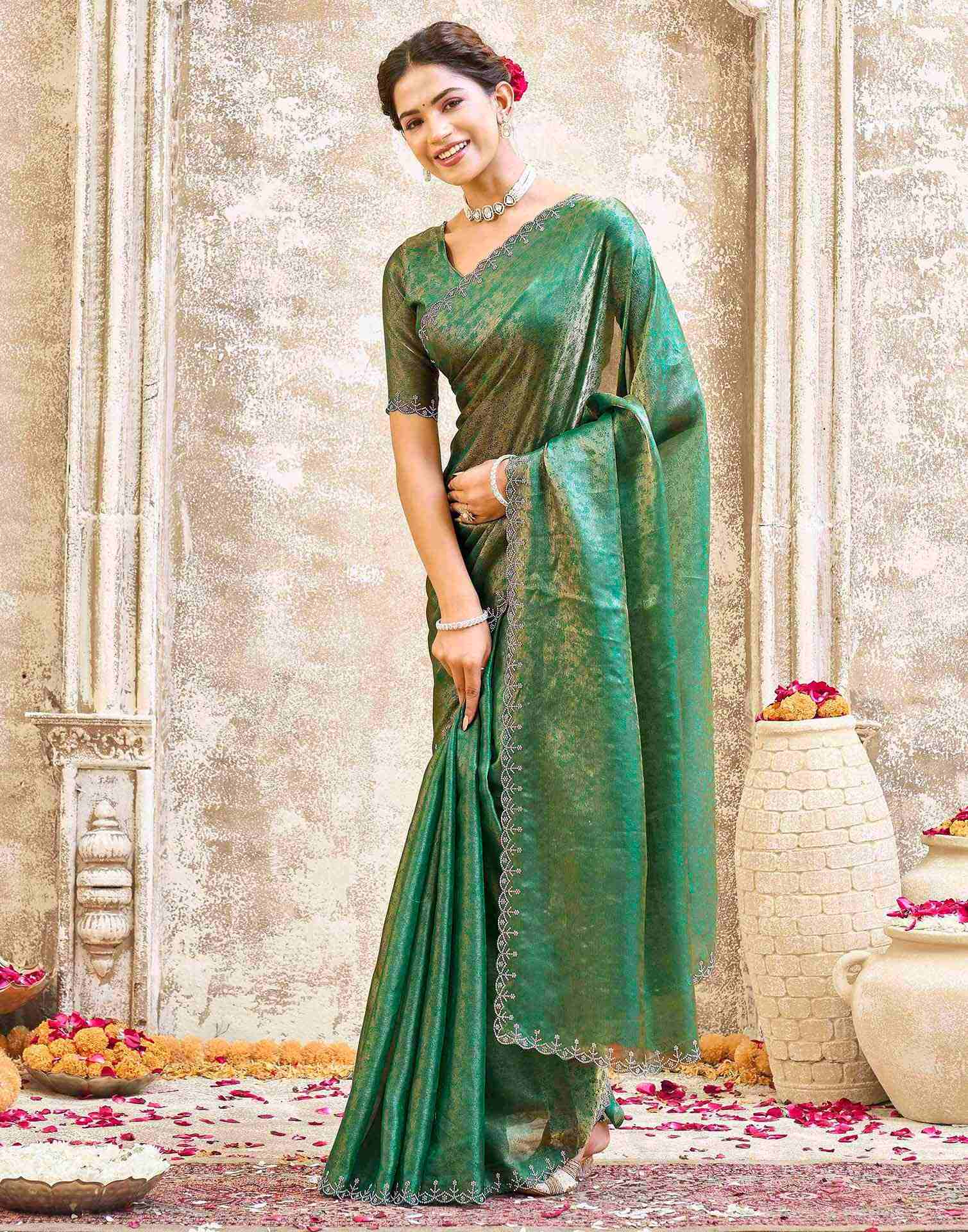 Teal Green Tissue Satin Stone Work Swarovski saree - Image 4