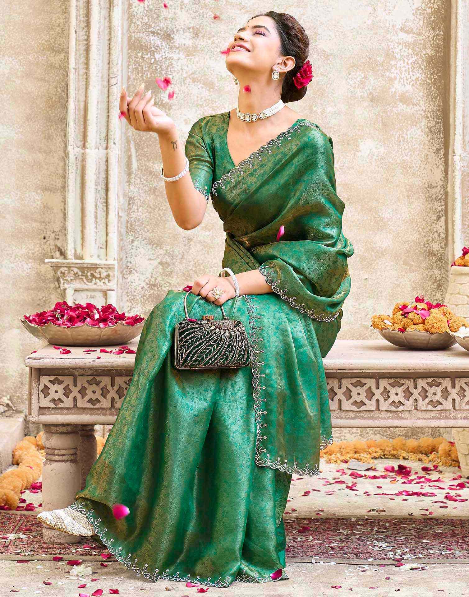 Teal Green Tissue Satin Stone Work Swarovski saree - Image 5