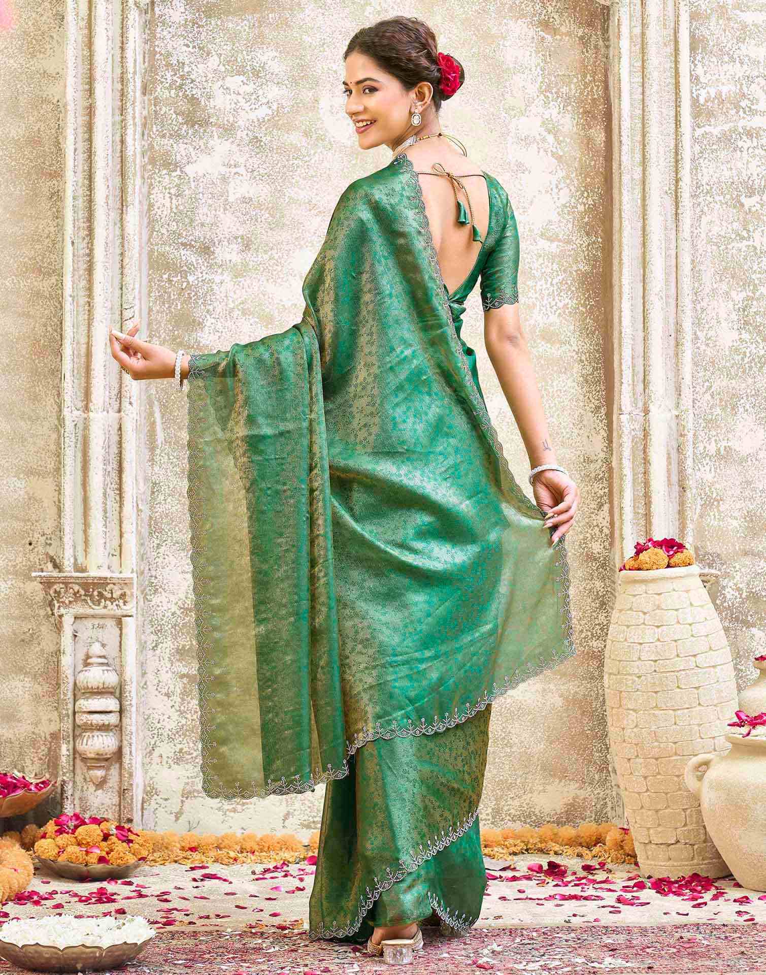 Teal Green Tissue Satin Stone Work Swarovski saree - Image 6