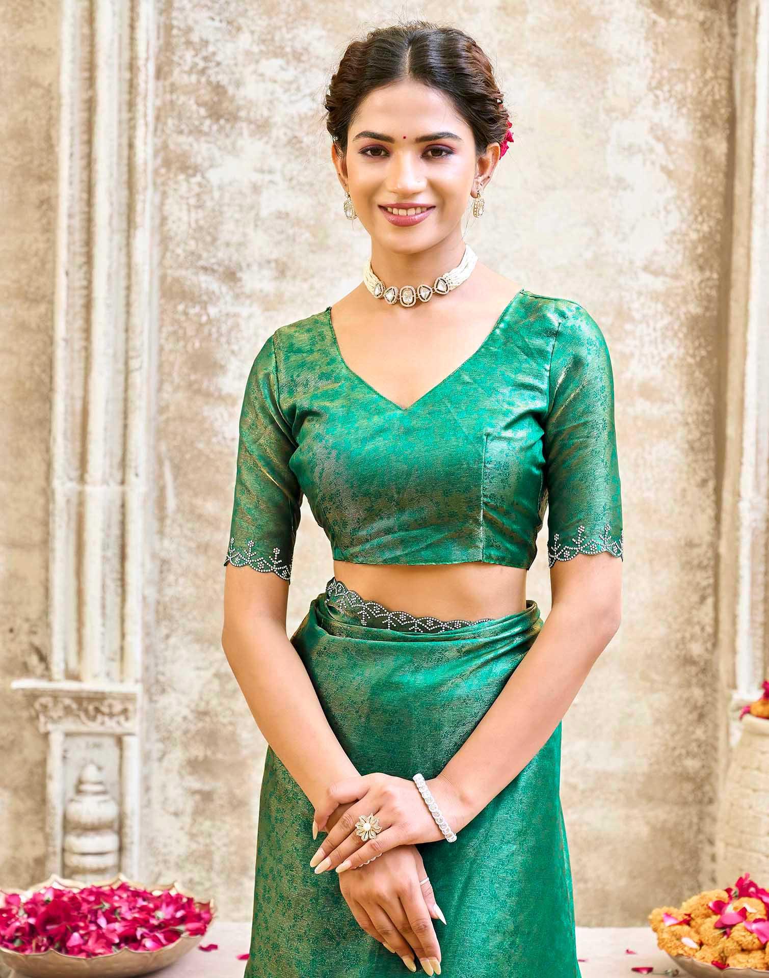 Teal Green Tissue Satin Stone Work Swarovski saree - Image 8