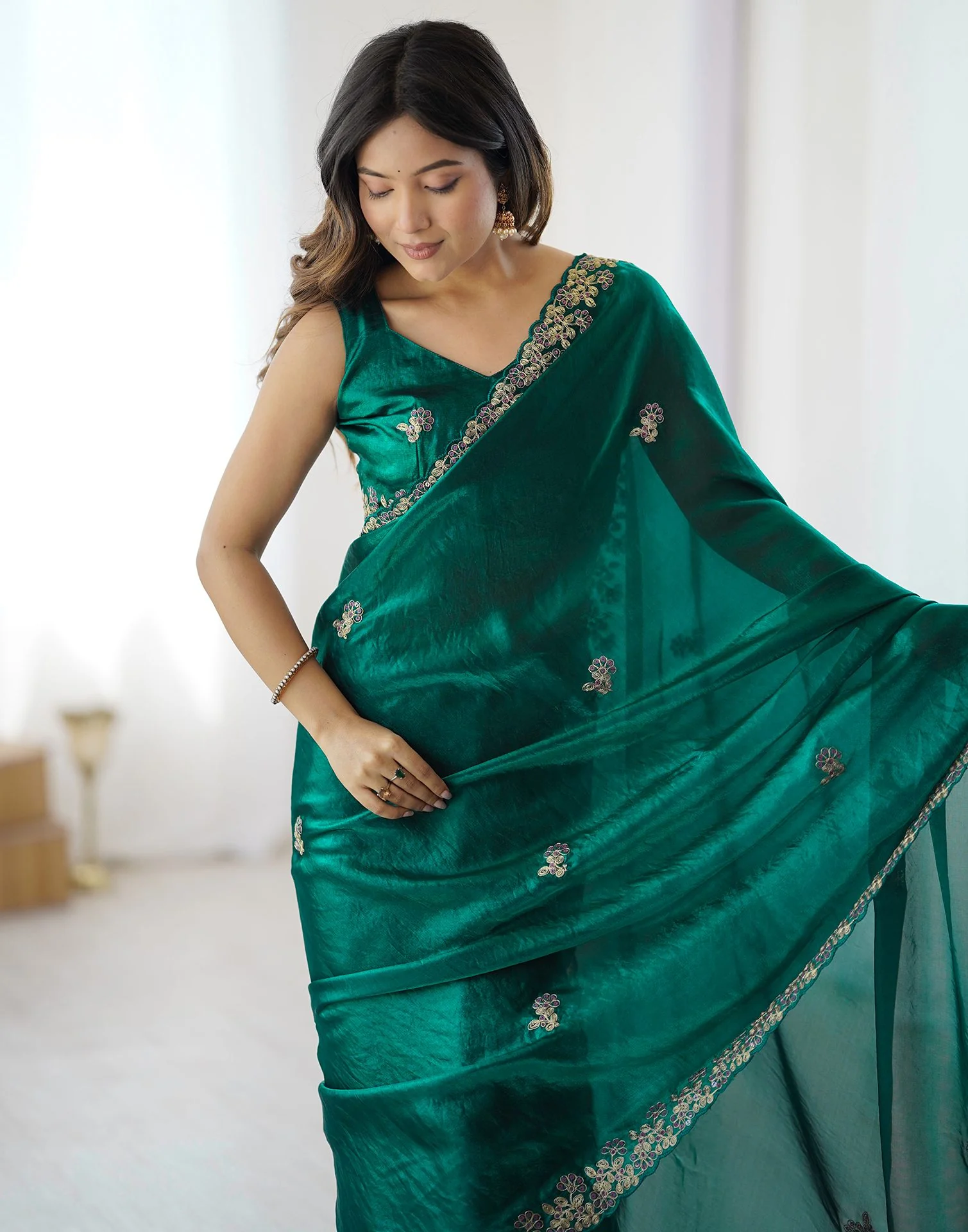 Teal Green Tissue Silk Sequence Embroidery Saree - Image 2