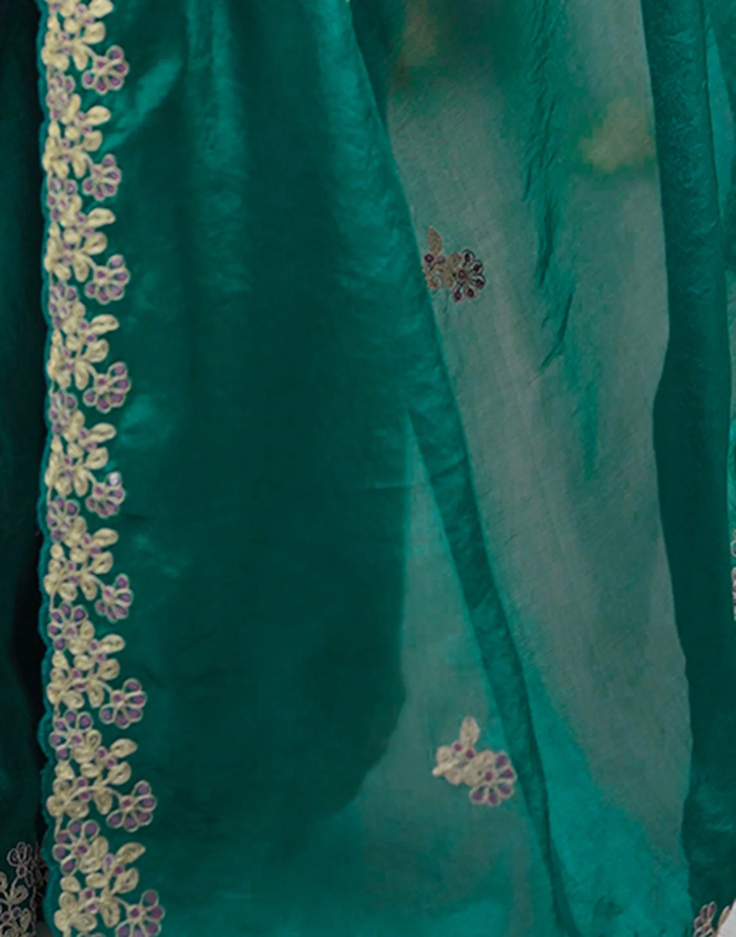 Teal Green Tissue Silk Sequence Embroidery Saree - Image 9