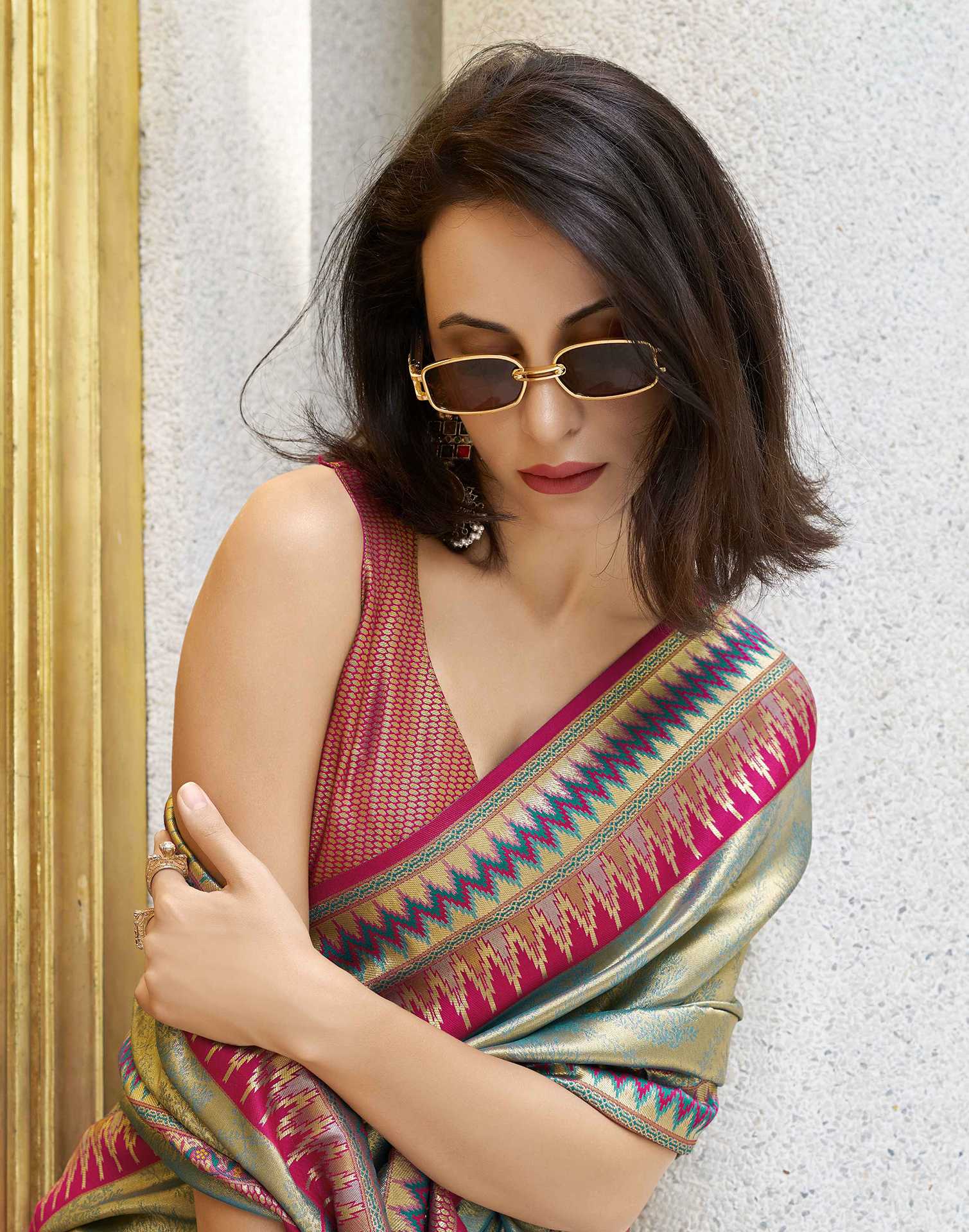 Teal Green Tissue Silk Woven Paithani Saree - Image 2