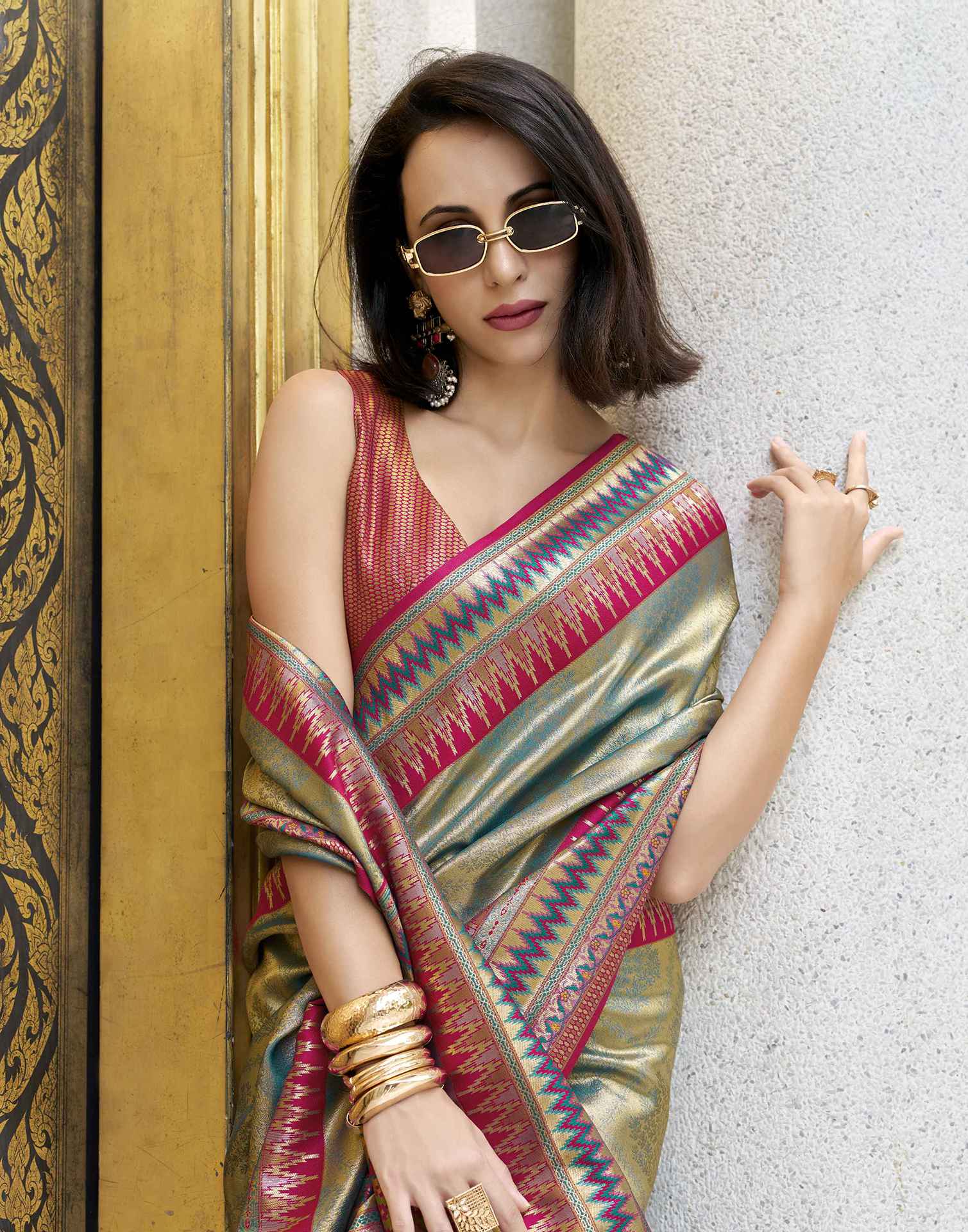 Teal Green Tissue Silk Woven Paithani Saree - Image 4