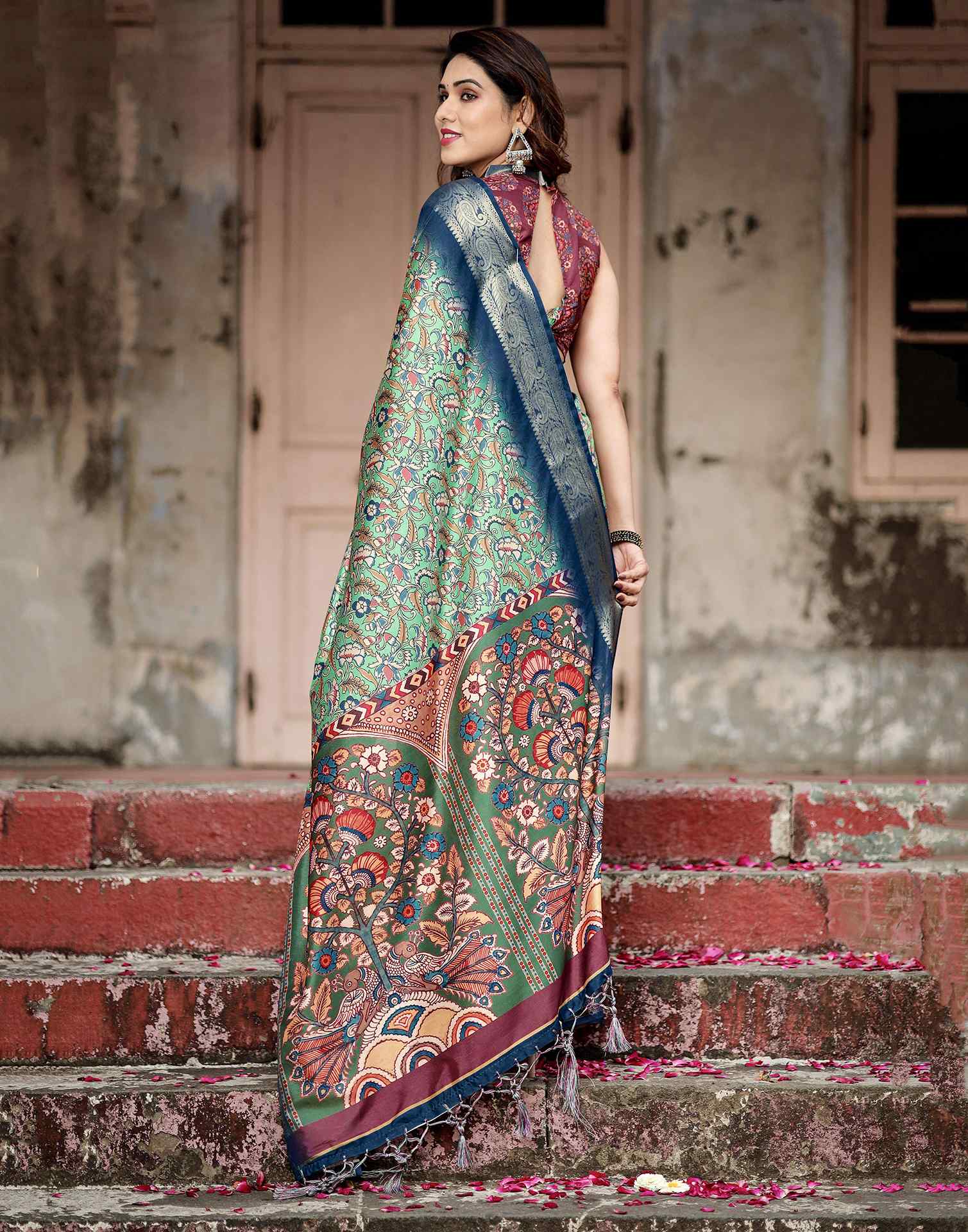 Teal Green Tussar Silk Printed Kalamkari Saree - Image 6