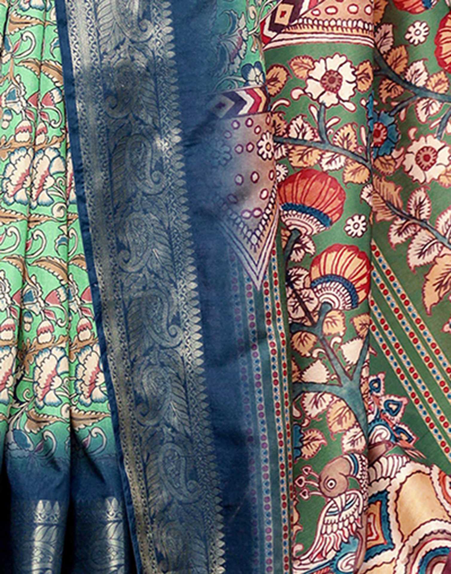 Teal Green Tussar Silk Printed Kalamkari Saree - Image 7