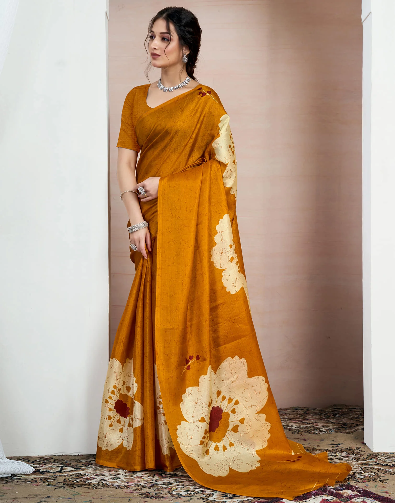 Turmeric Yellow Bhagalpuri Silk Printed Saree - Image 4
