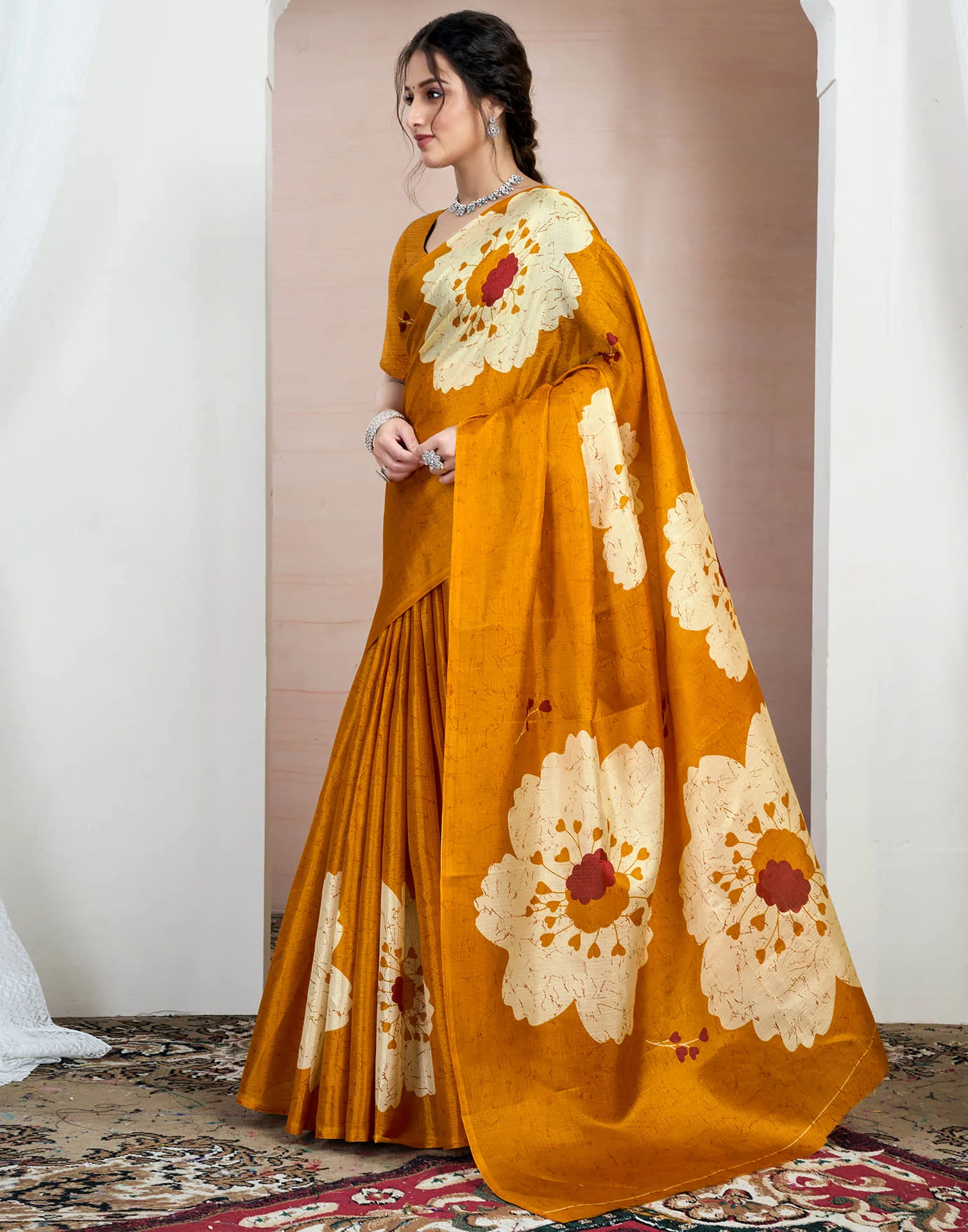 Turmeric Yellow Bhagalpuri Silk Printed Saree - Image 5