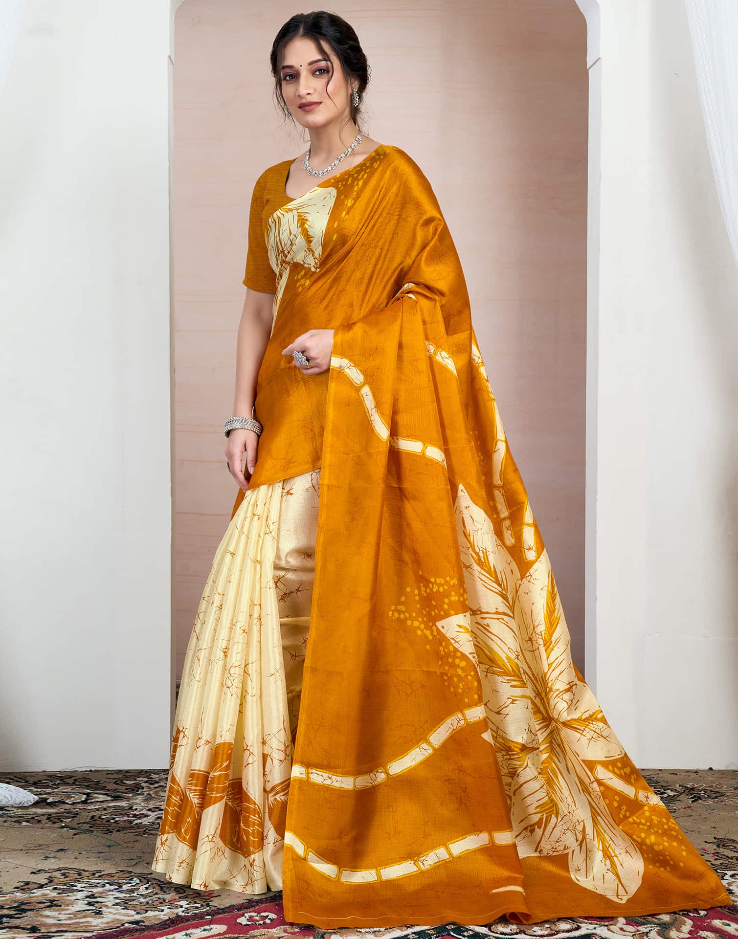 Turmeric Yellow Bhagalpuri Silk Printed Saree - Image 4