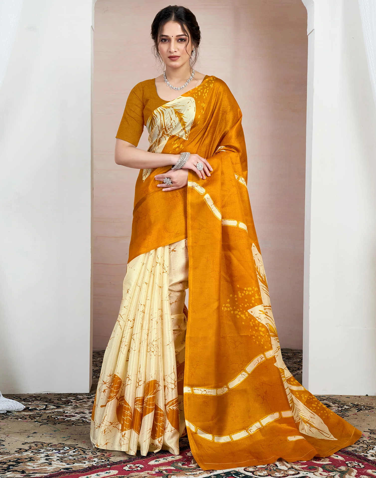 Turmeric Yellow Bhagalpuri Silk Printed Saree - Image 5