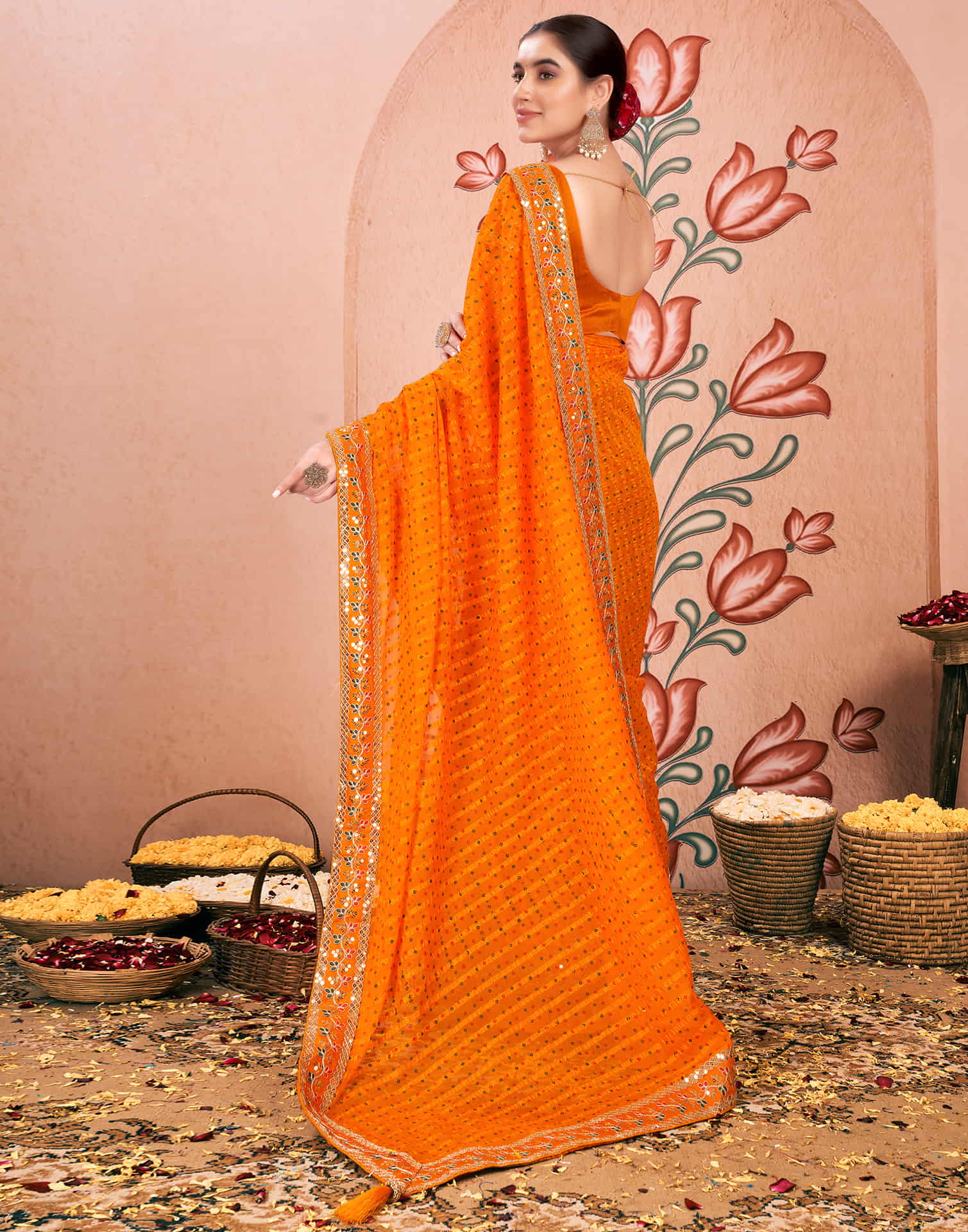 Turmeric Yellow Chiffon Sequence  Bandhani Saree - Image 6