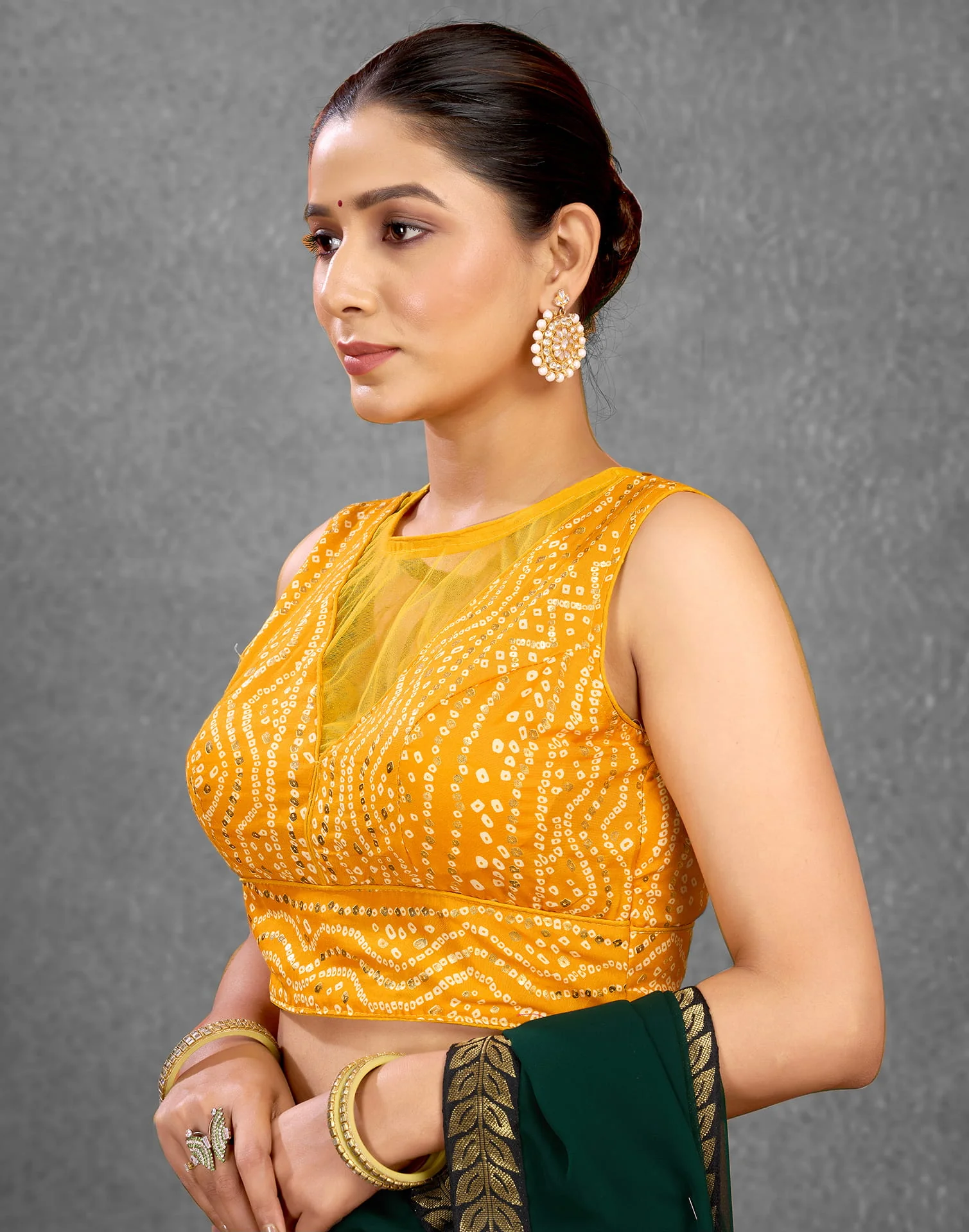 Turmeric Yellow Cotton Bandhani Printed Blouse - Image 4