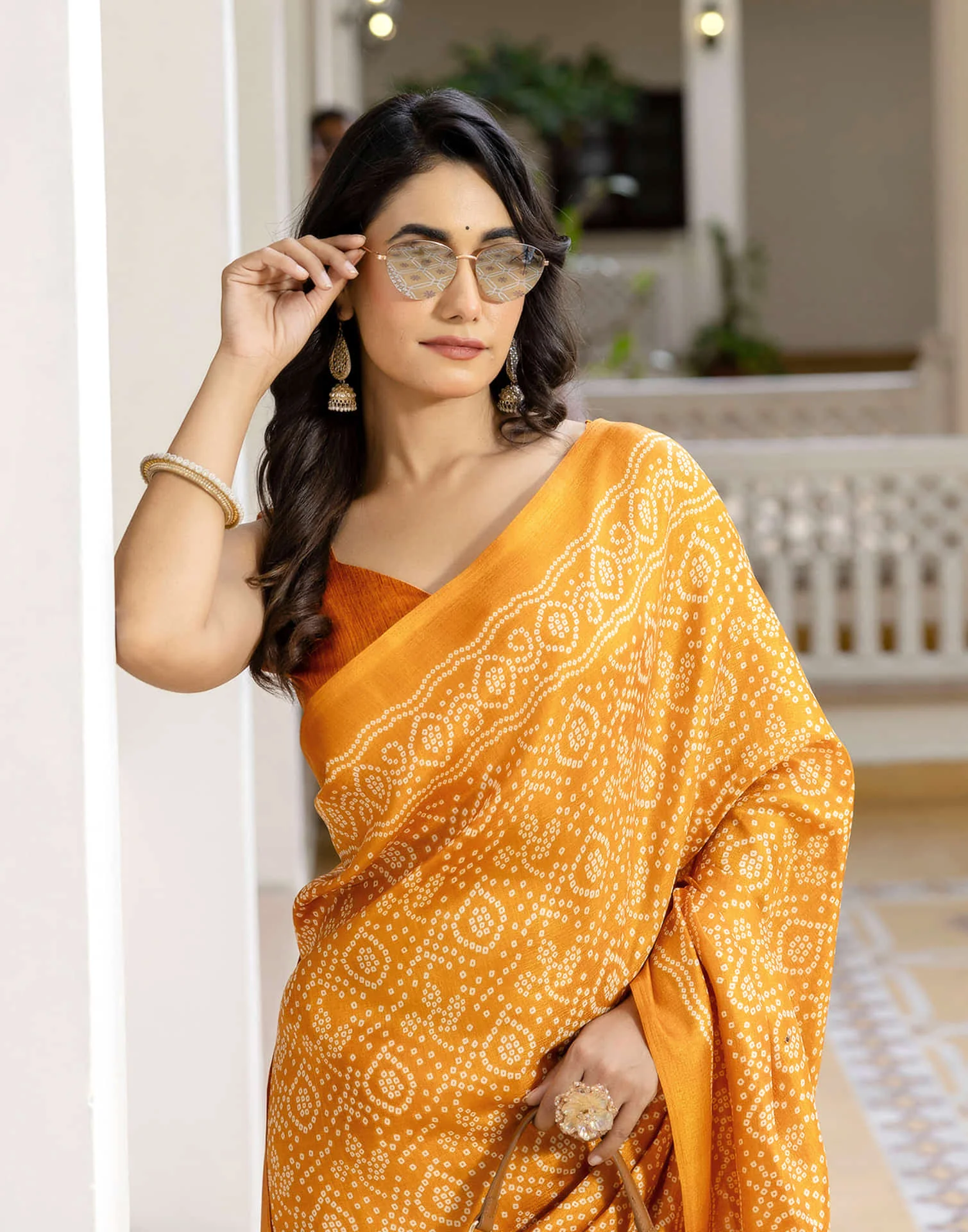 Turmeric Yellow Cotton Blend Bandhani Printed Saree - Image 2