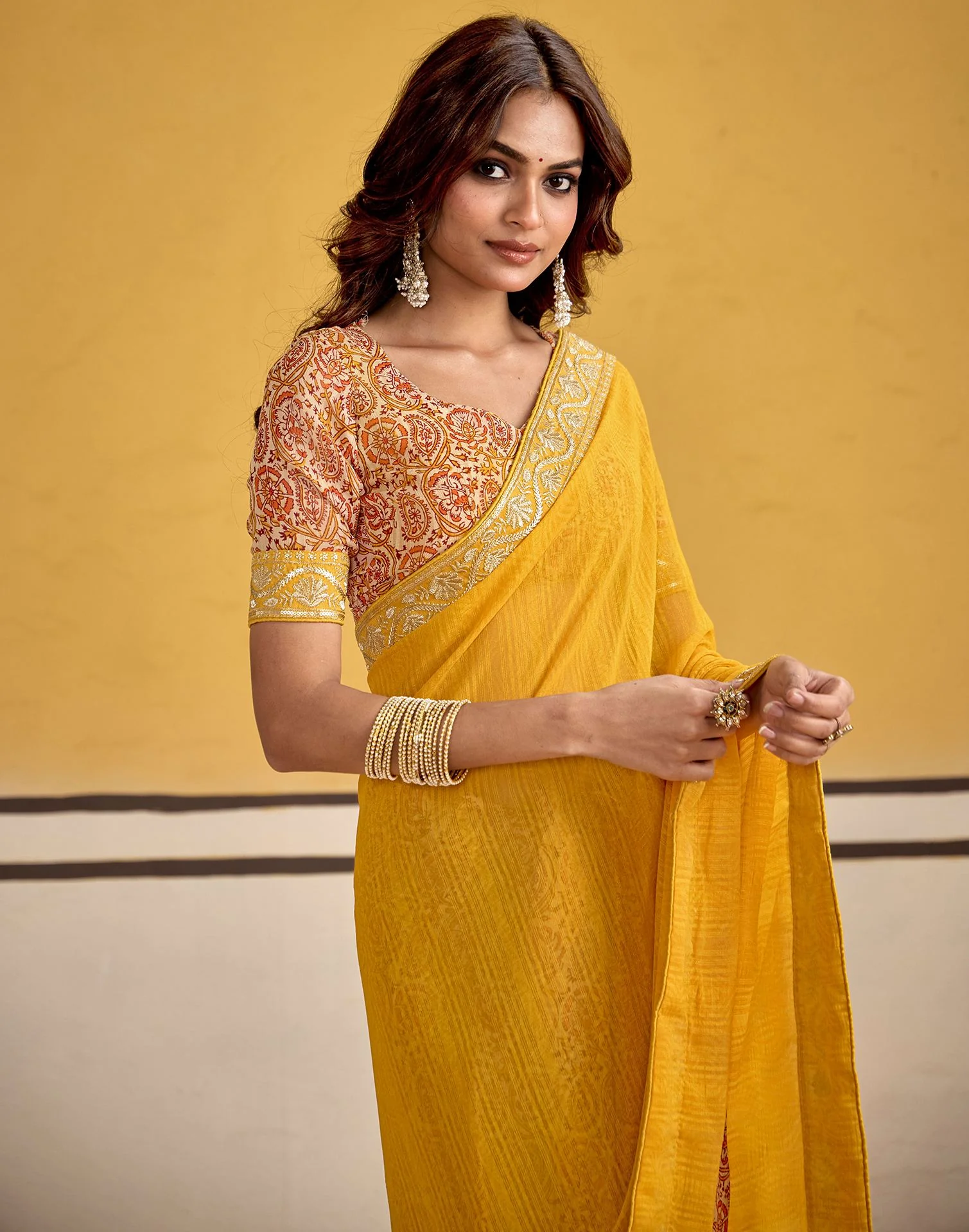 Turmeric Yellow Georgette Printed Saree - Image 2