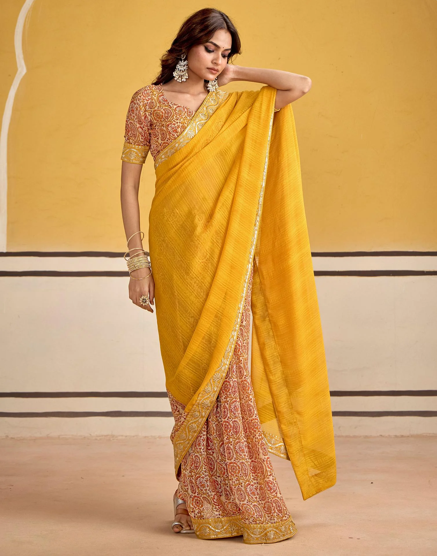 Turmeric Yellow Georgette Printed Saree - Image 6