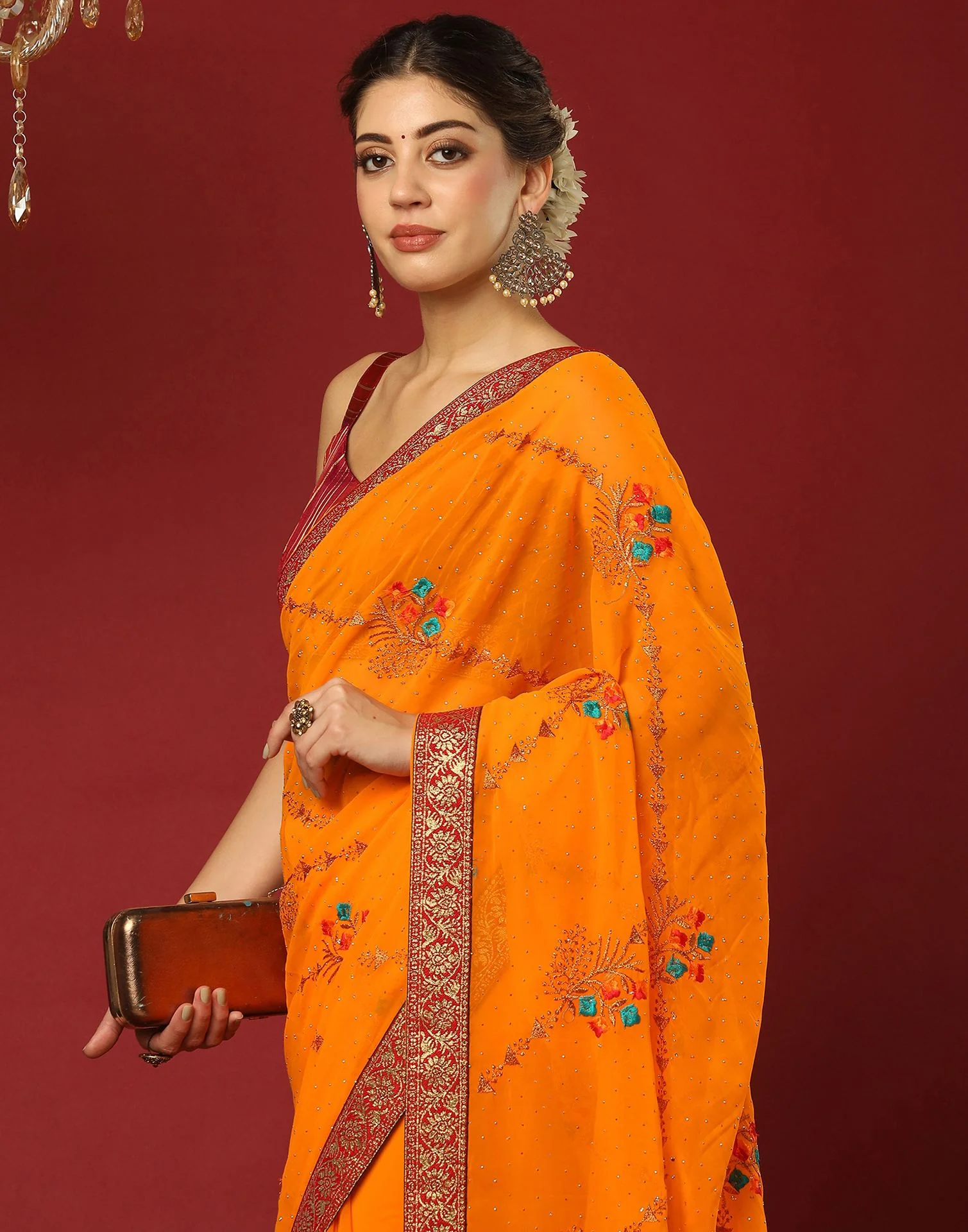 Orange Georgette Stone Work Swarovski Saree - Image 2