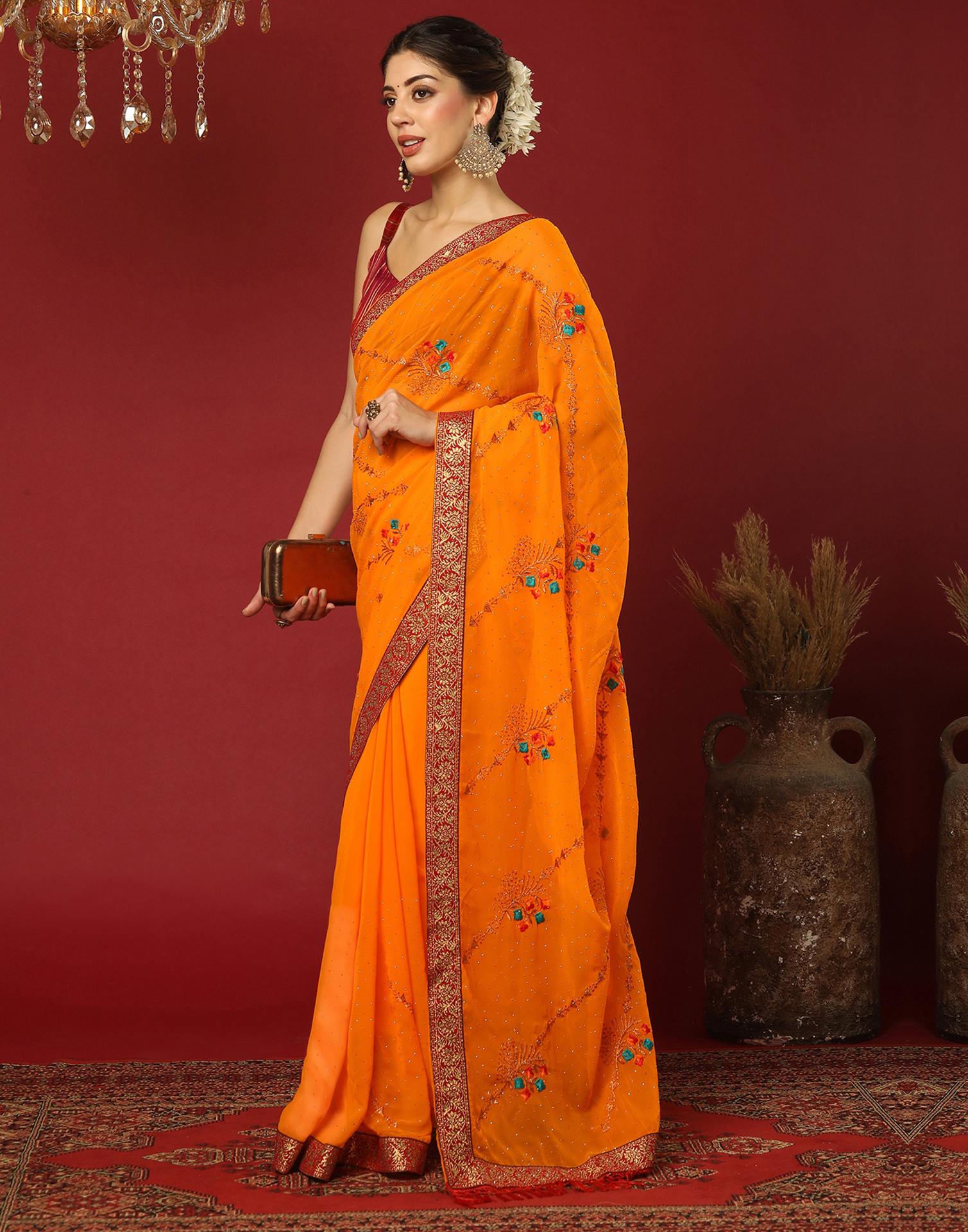 Orange Georgette Stone Work Swarovski Saree - Image 4
