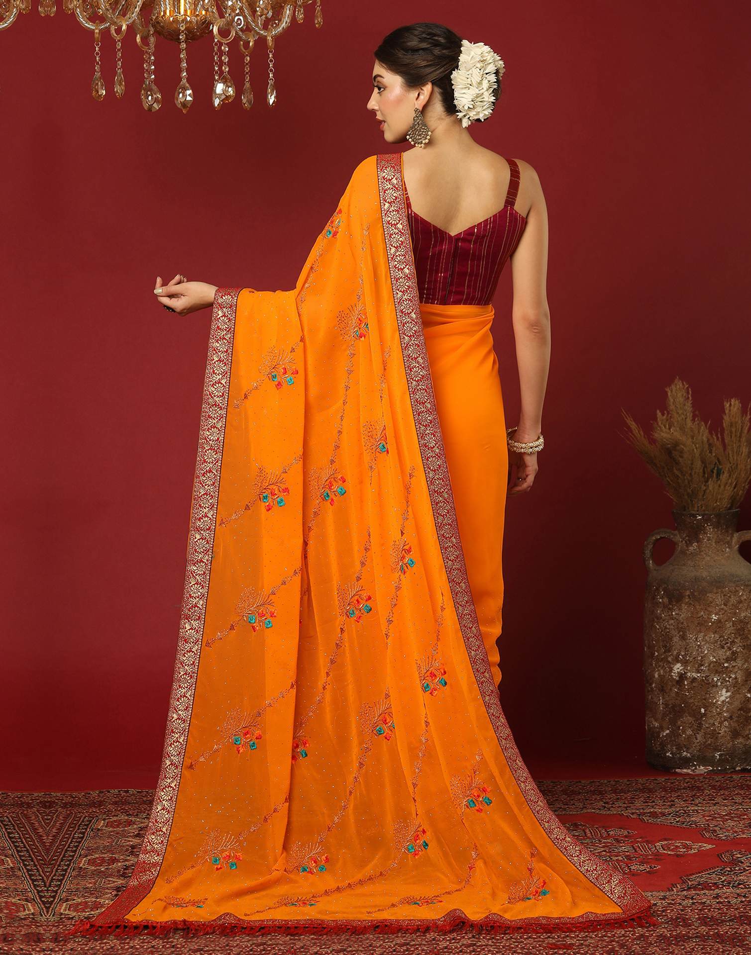 Orange Georgette Stone Work Swarovski Saree - Image 5