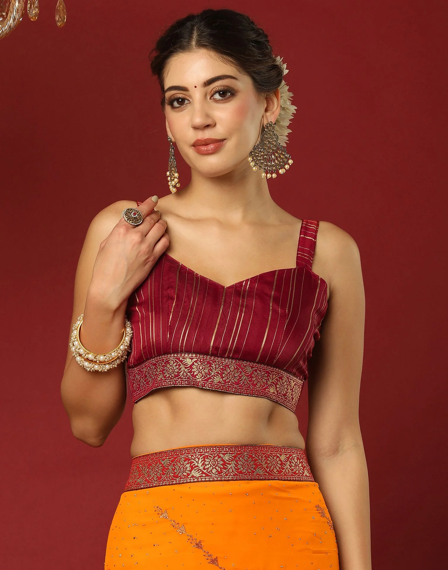 Orange Georgette Stone Work Swarovski Saree - Image 6