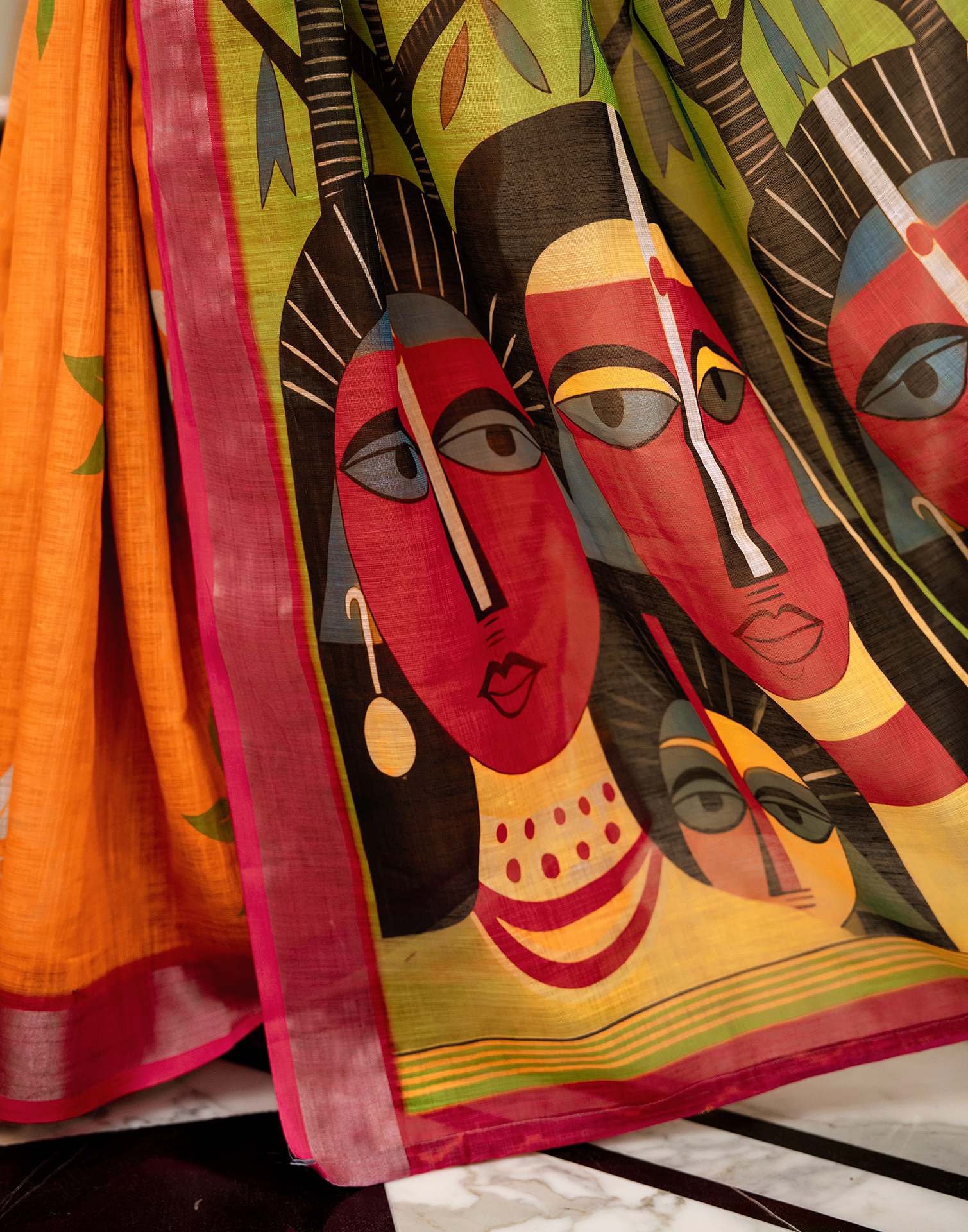 Turmeric Yellow Linen Kalamkari Printed Saree - Image 10