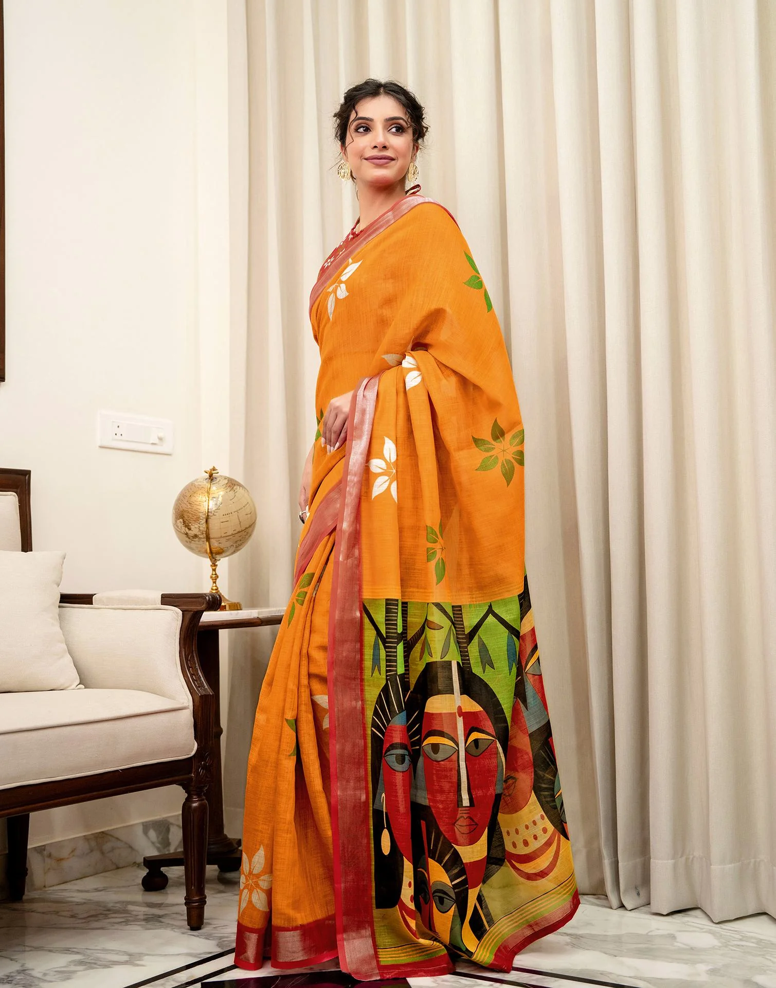 Turmeric Yellow Linen Kalamkari Printed Saree - Image 5