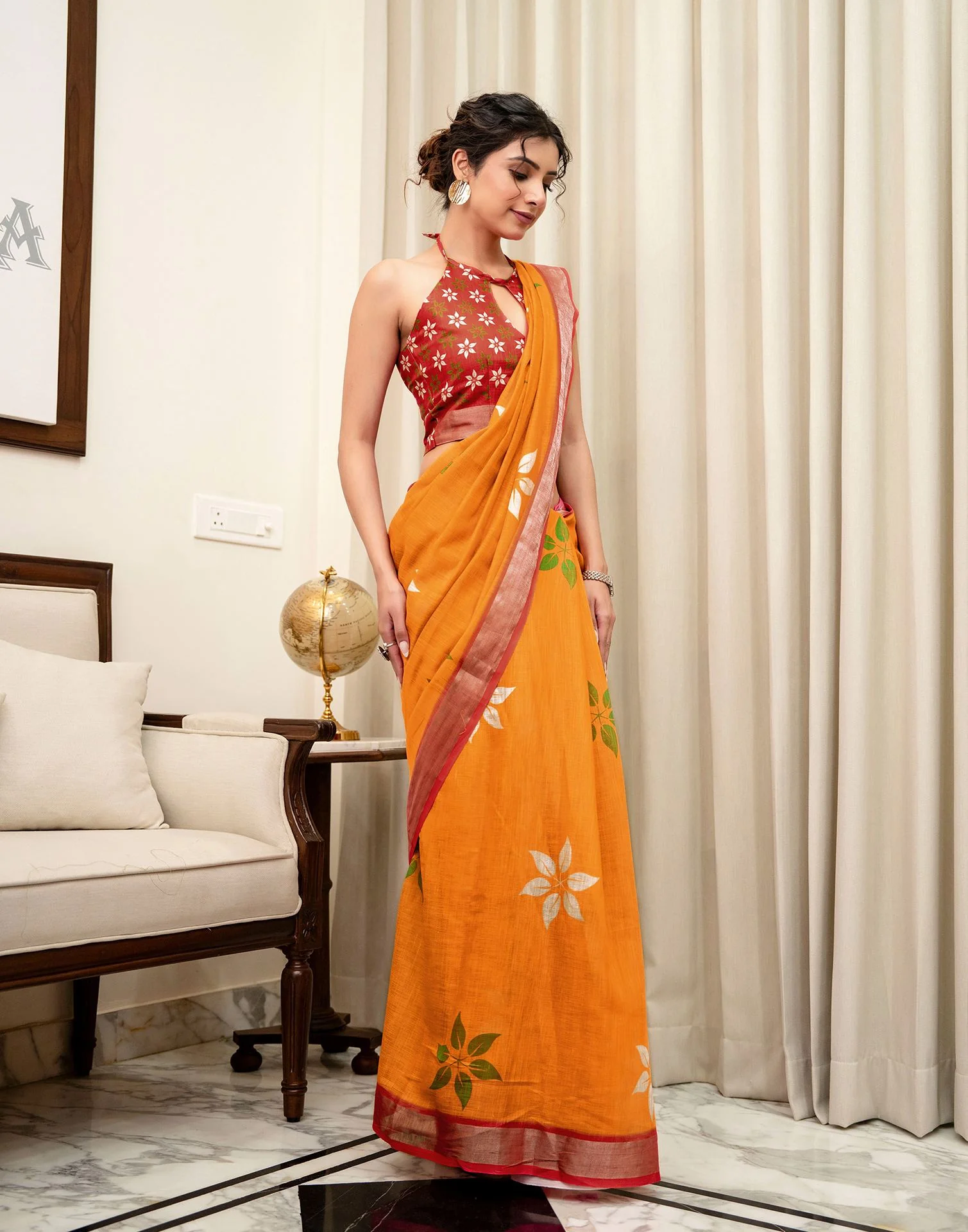 Turmeric Yellow Linen Kalamkari Printed Saree - Image 8